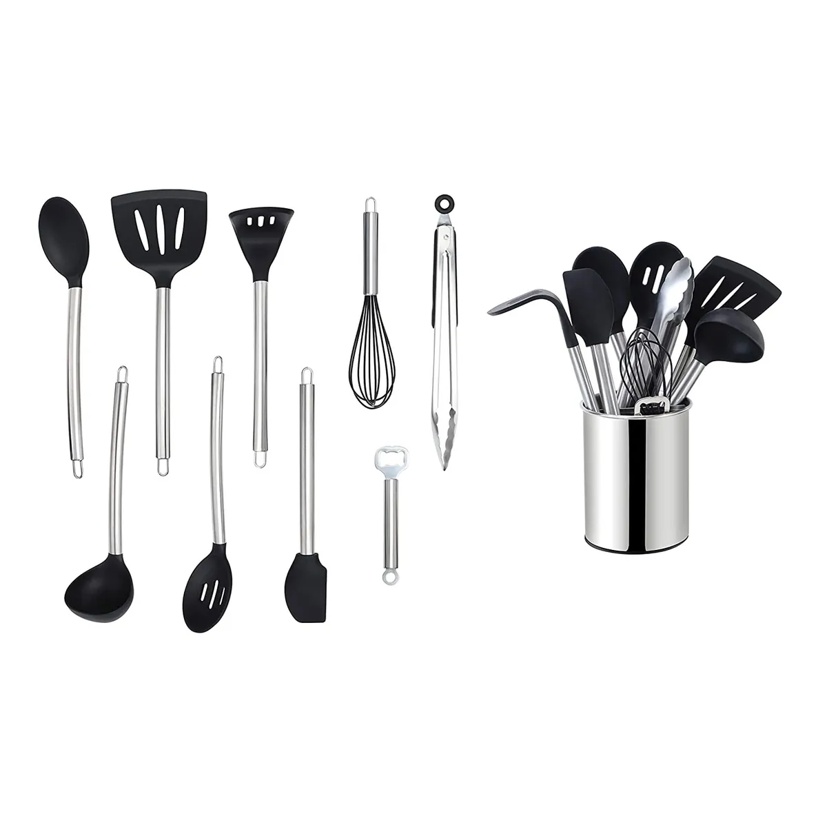 Küchenhelfer Set 10tlg, Edelstahlgriff, Kochbesteck mit Utensilienhalter, Antihaft Silikon