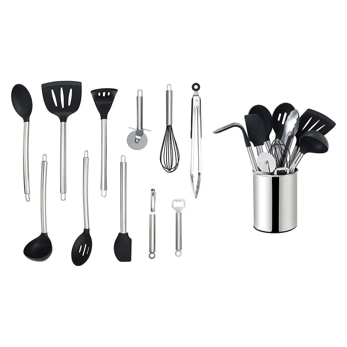 Küchenhelfer Set 12tlg, Edelstahlgriff, Kochbesteck mit Utensilienhalter, Antihaft Silikon