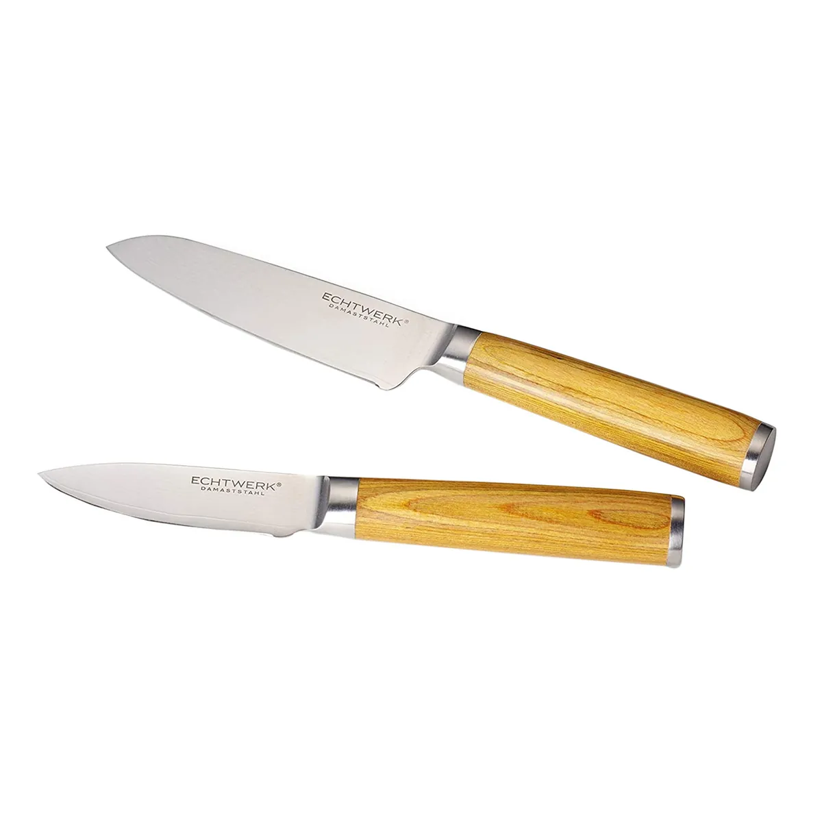Damaszener Messer Set, 2tlg, Santokumesser ca. 13cm/Schälmesser ca. 8cm, Messergriffe aus Pakka-Holz, Inkl. Aufbewahrungsbox