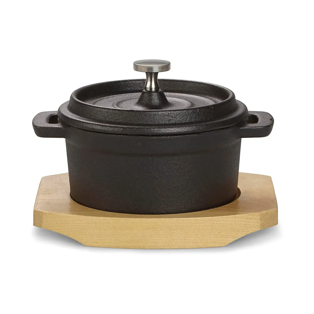 Kochtopf aus Gusseisen, Mini-Topf mit Servierbrett, Cocotte, Bereits eingebrannt, 250 ml