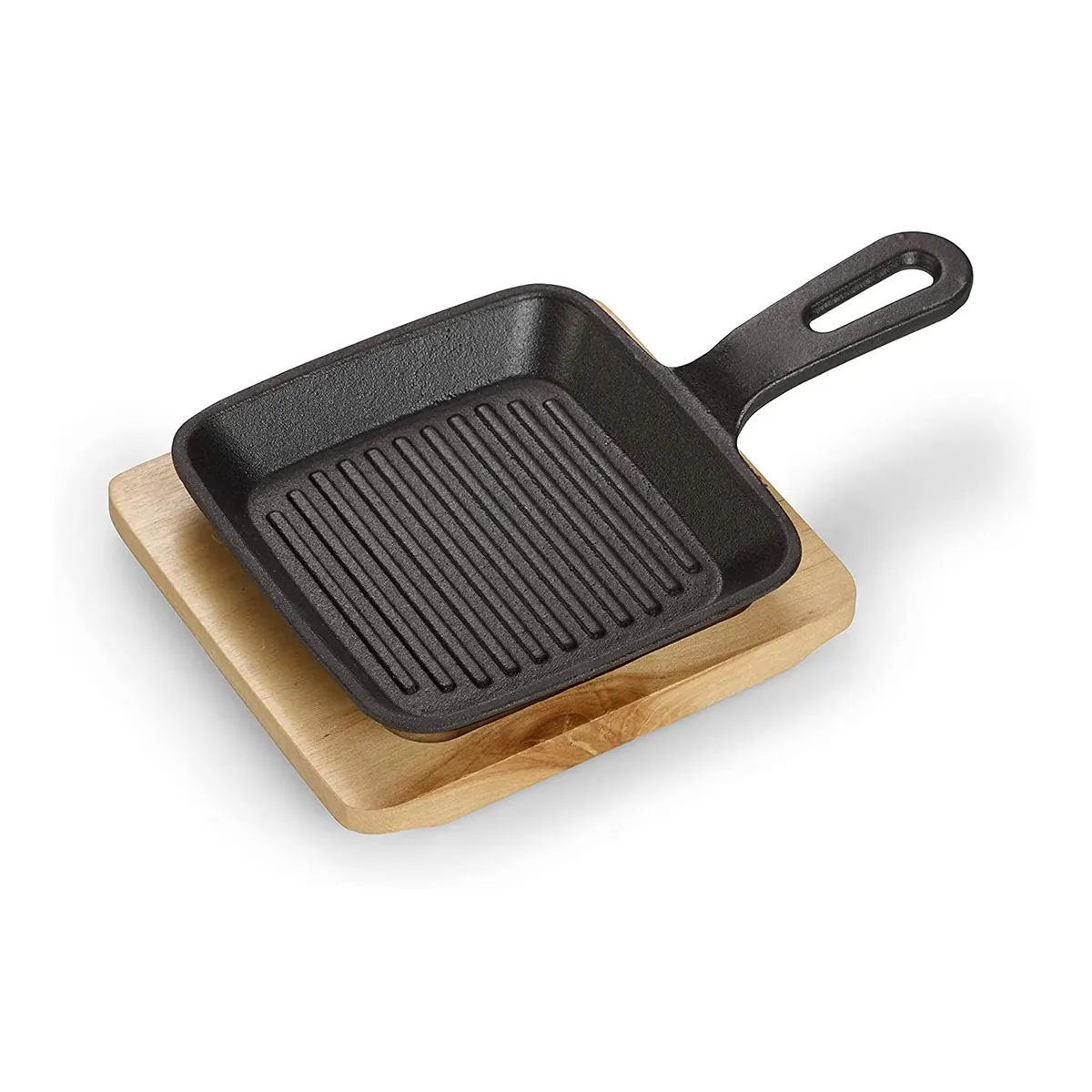Servierpfanne aus Gusseisen, Quadratische Auflaufform mit Servierbrett, Grillstreifen, Bereits eingebrannt, Ø 13,6 cm