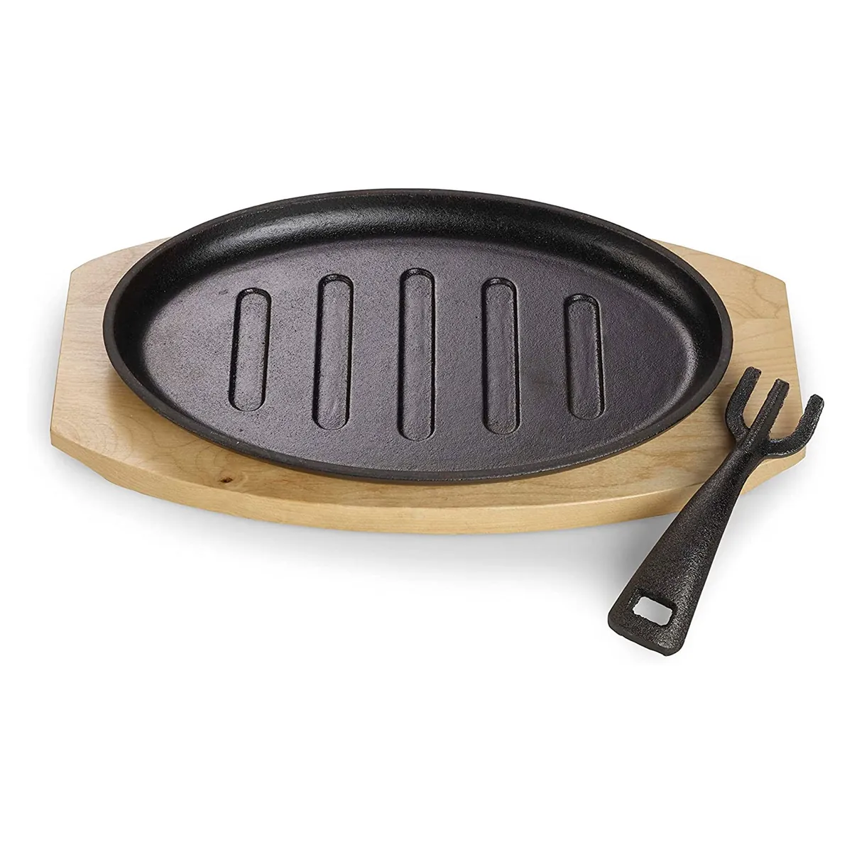 Servierpfanne aus Gusseisen mit Grillstreifen und Servierbrett, Abnehmbarer Griff, Bereits eingebrannt, 27 x Ø 17,5 cm