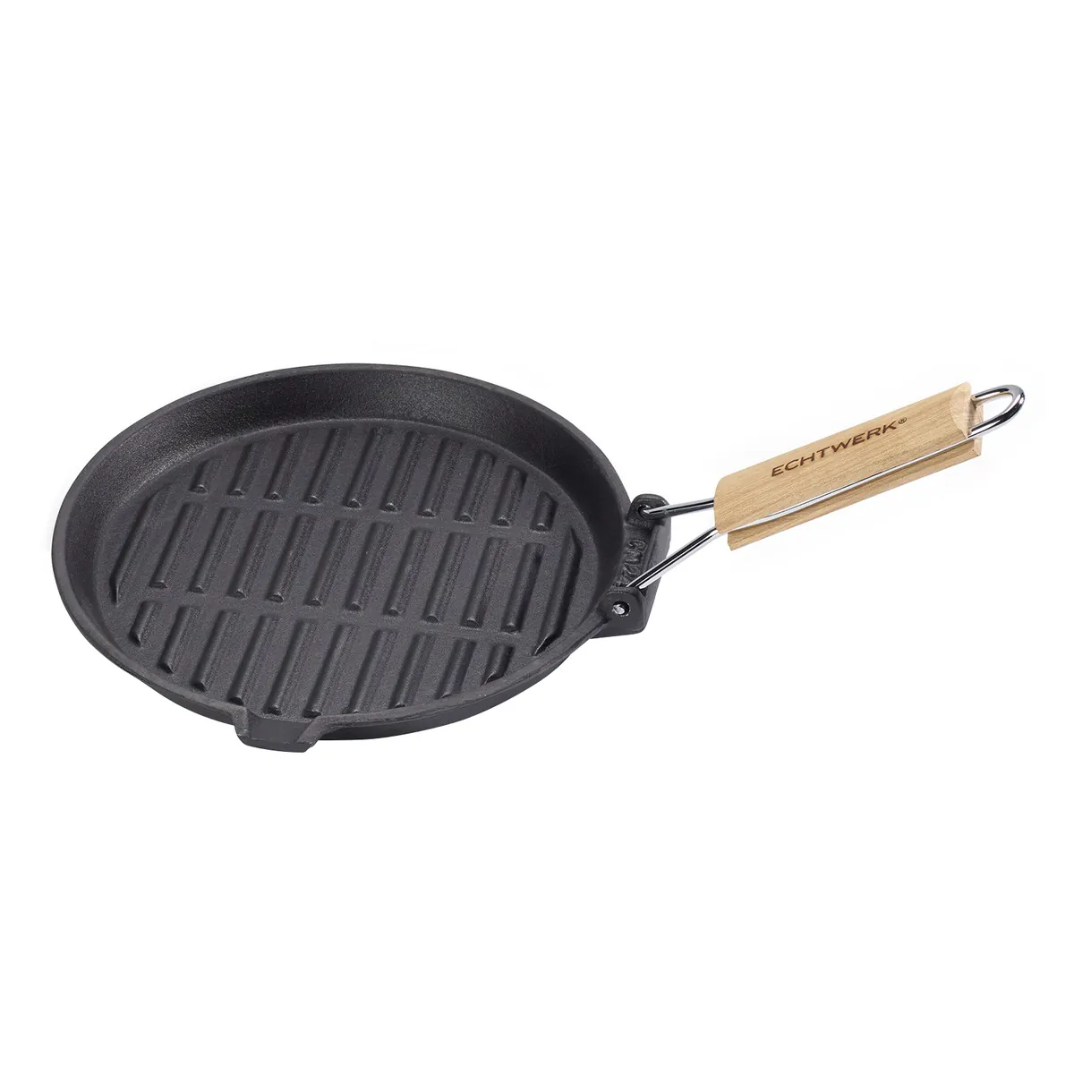 Grillpfanne aus Gusseisen und Emaille-Beschichtung 24cm, abnehmbarer Holzgriff, seitlicher Fettausguss