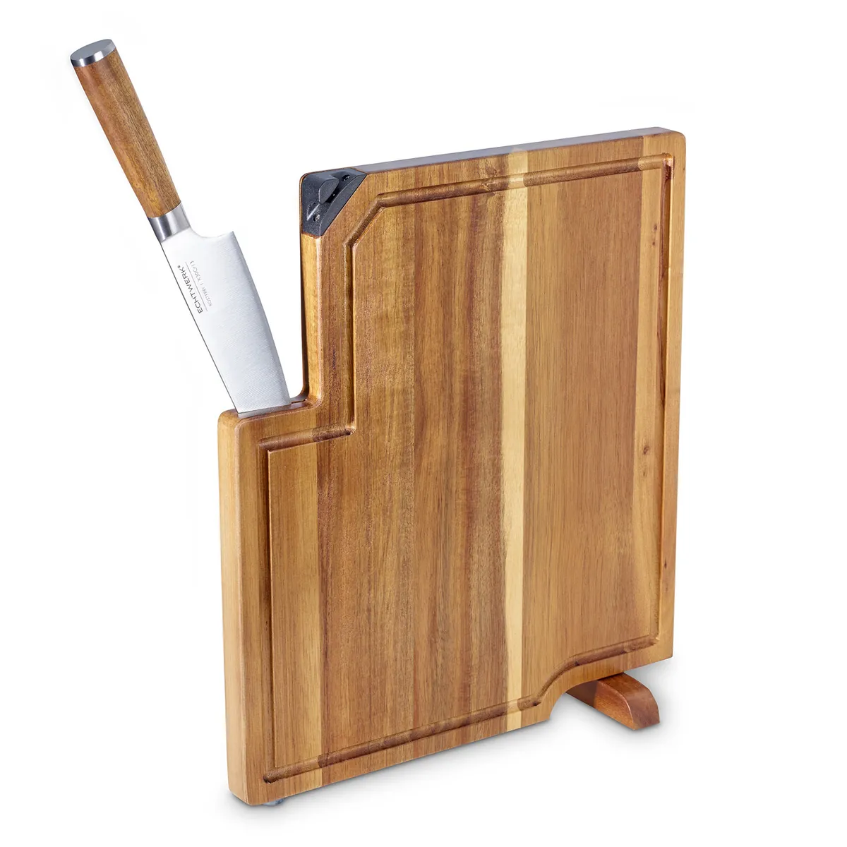 2-teiliges Küchen-Set, Schneidebrett aus Akazienholz mit integriertem Messerschärfer inkl. Kochmesser (20 cm)