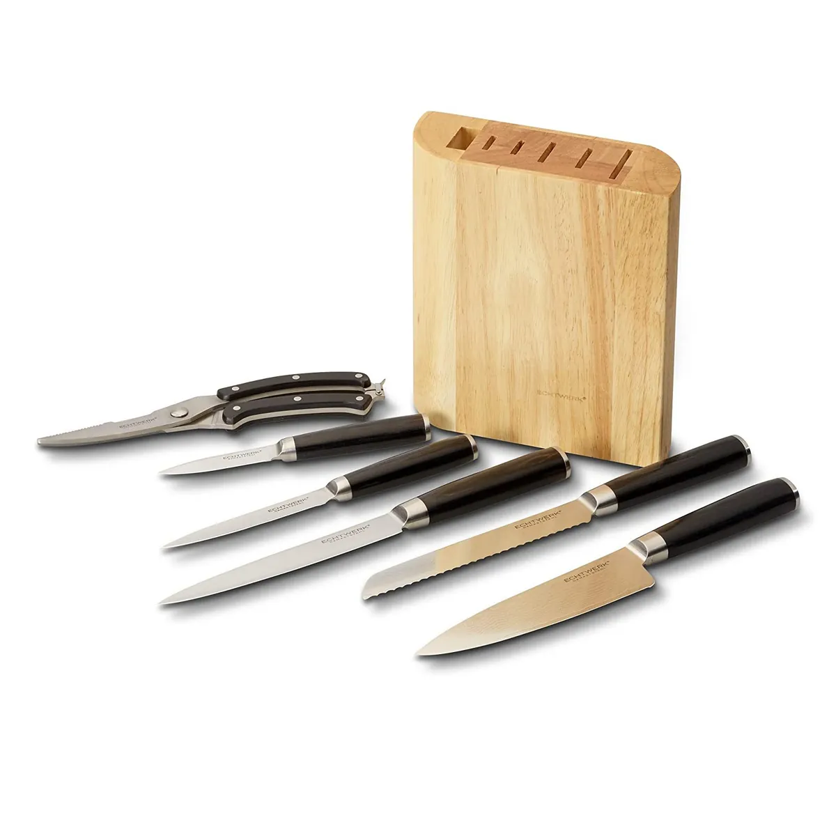 Damastmesser Set, 7tlg, Messerset inkl. Geflügelschere und Messerblock, mit typischer Maserung