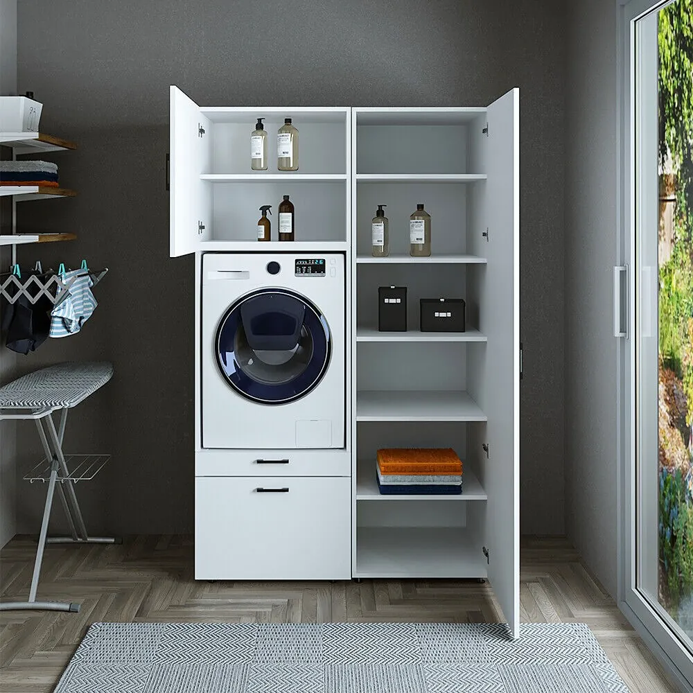 Roomart Schrankwand mit Hochschrank – SERIE 2 -  127 cm breit,  Badschrank & Mehrzweckschrank für Waschküche/Waschraum – Weiß / Schwarz-Eiche