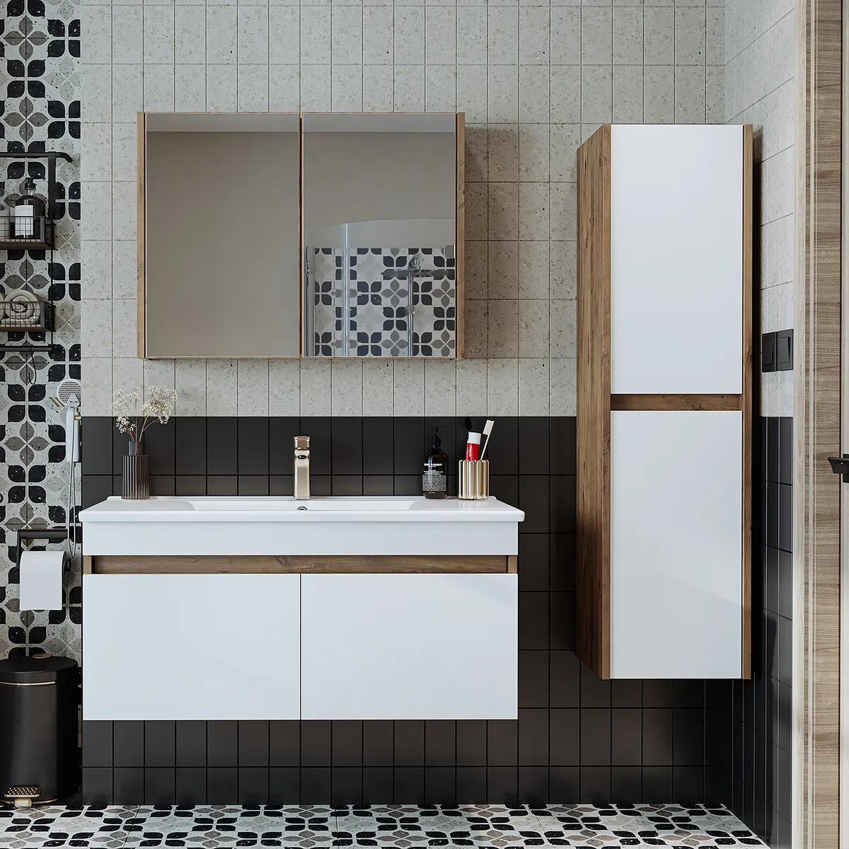 Roomart Badmöbel Set ATRIA 4-teilig | 100 cm Waschbeckenunterschrank mit Keramikwaschbecken, Spiegelschrank & Hochschrank | Badezimmermöbel in 4 Farben