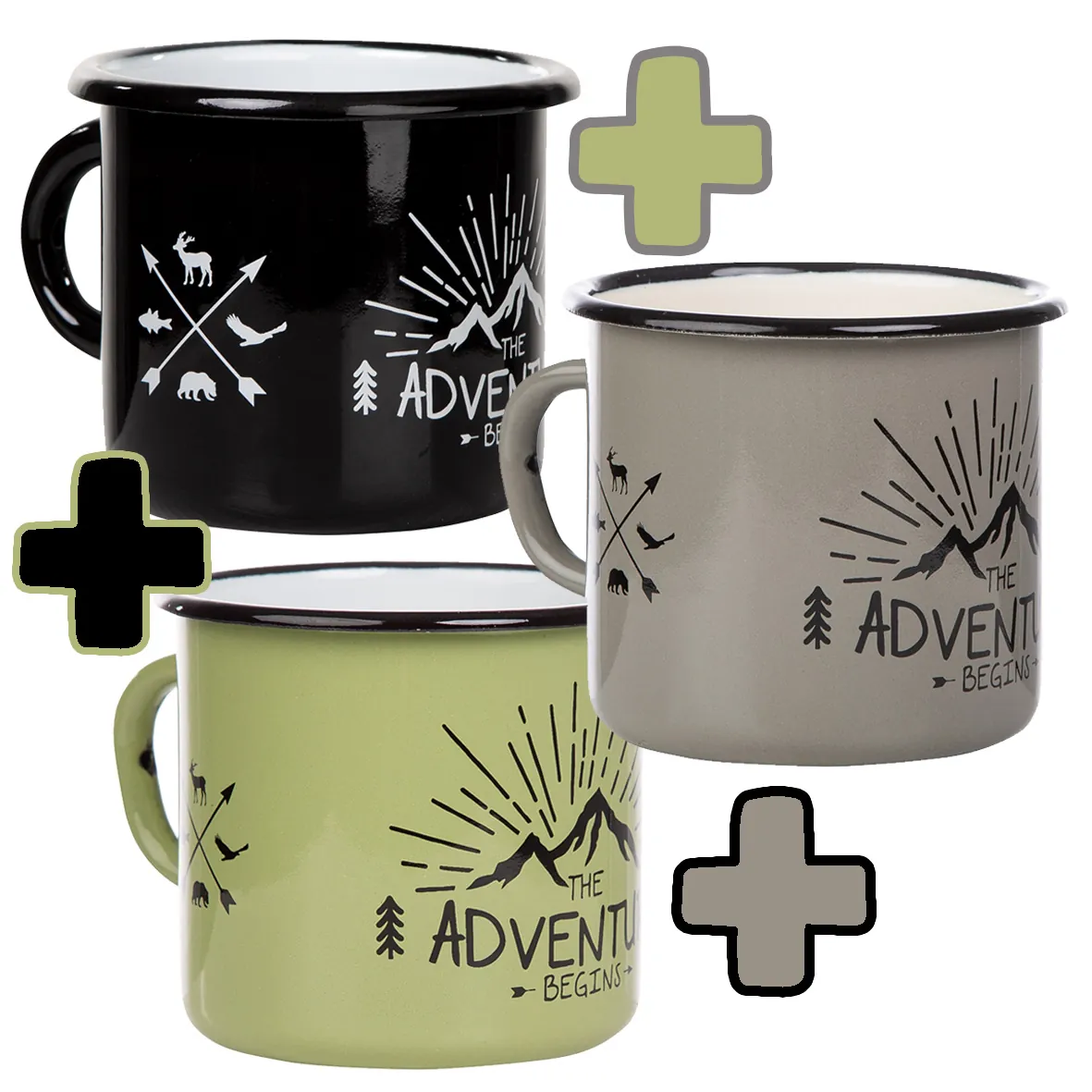 3er-PACK THE ADVENTURE BEGINS, 3x Emaillebecher in Schwarz, Grau und Grün