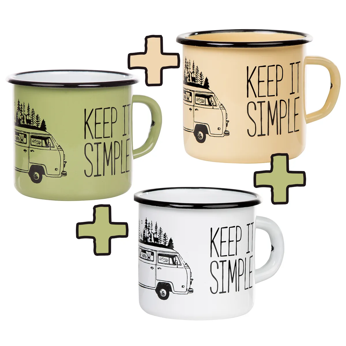 3er-PACK KEEP IT SIMPLE, 3x Emaillebecher in Grün, Beige und Weiß