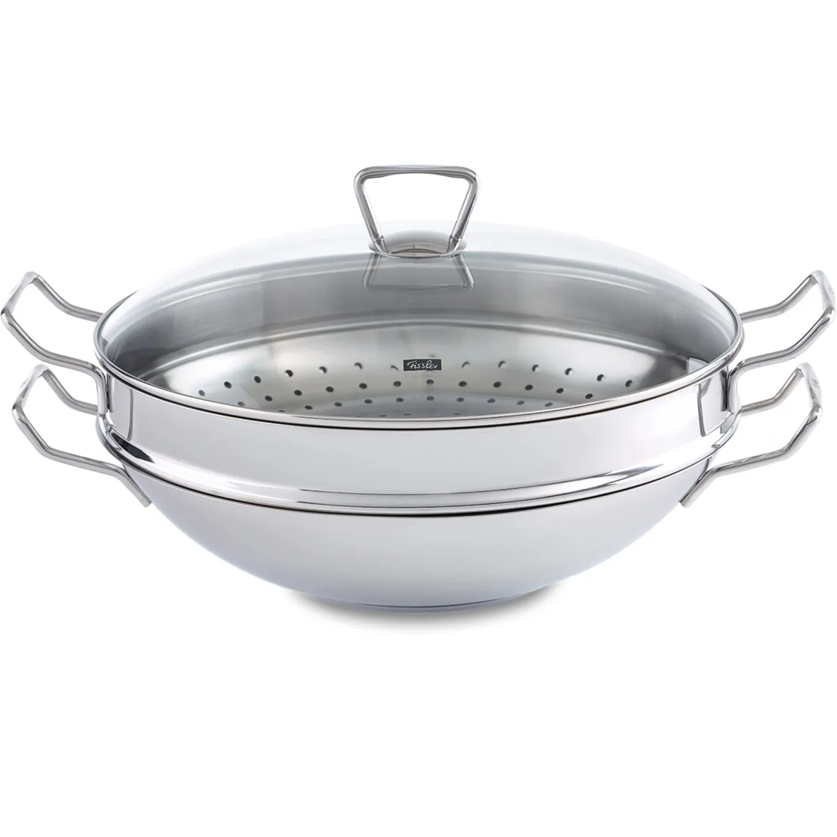 Fissler - Edelstahl-Wok Induktion, Ø 36 cm, Nanjing Wok mit Glasdeckel und Dämpfeinsatz, Spülmaschinengeeignet