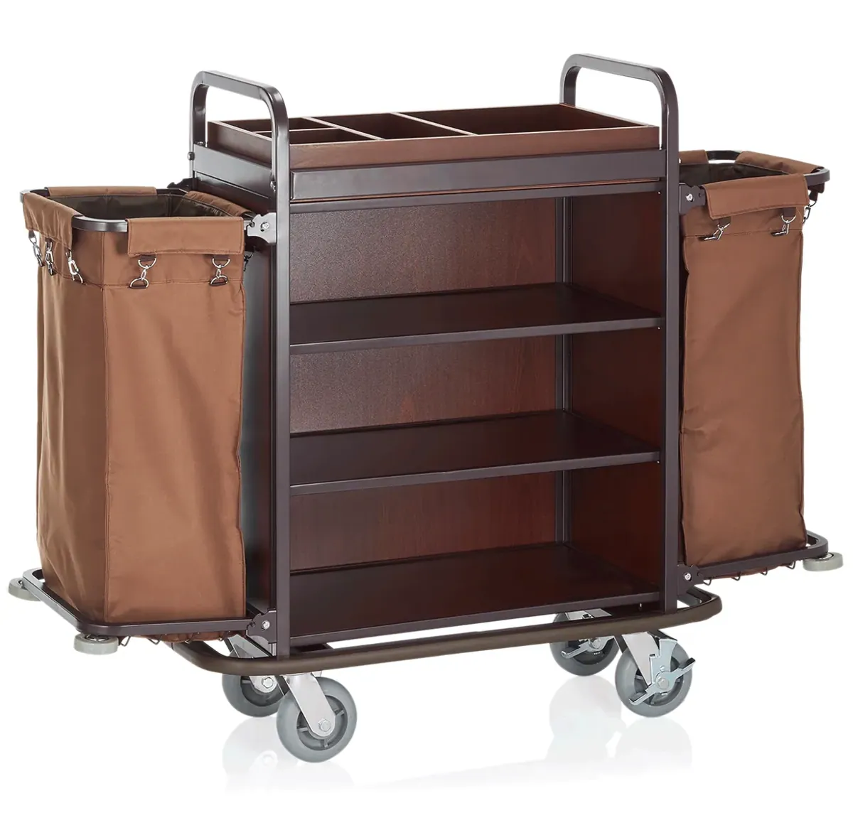 Zimmerservicewagen, 146 x 50 x 120 cm, braun, Stahl, Polyesterfaserstoff, Holz