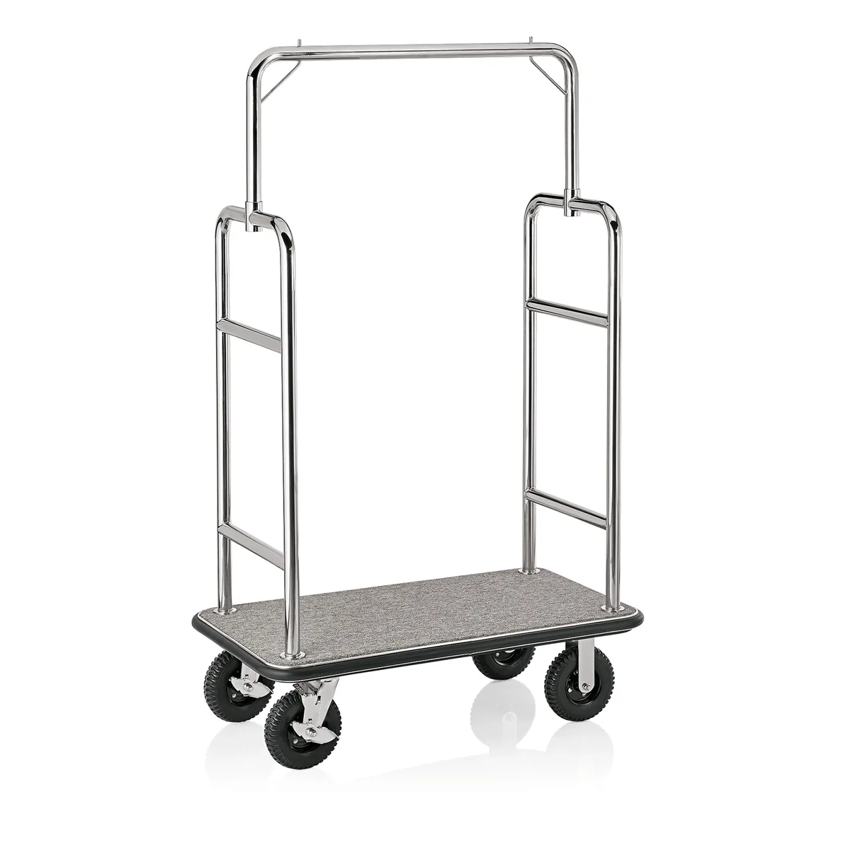 Gepäckwagen Transit, 112 x 60 x 185 cm, silberfarben, grauer Teppich, Edelstahl