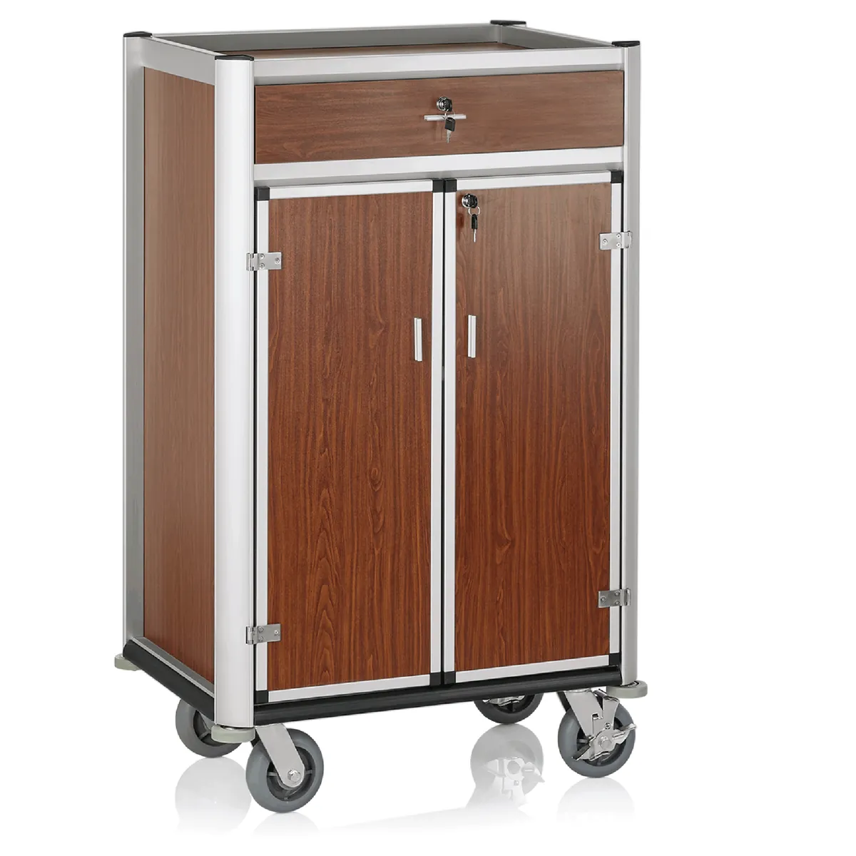 Minibar Servicetrolley, 85 x 60 x 135 cm, helle Kanten,Holzoptik, Aluminium, MDF