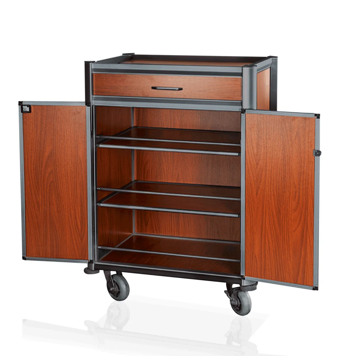 Minibar Servicetrolley, 85 x 60 x 135 cm, Holzoptik, dunkle Kanten, Aluminium, MDF