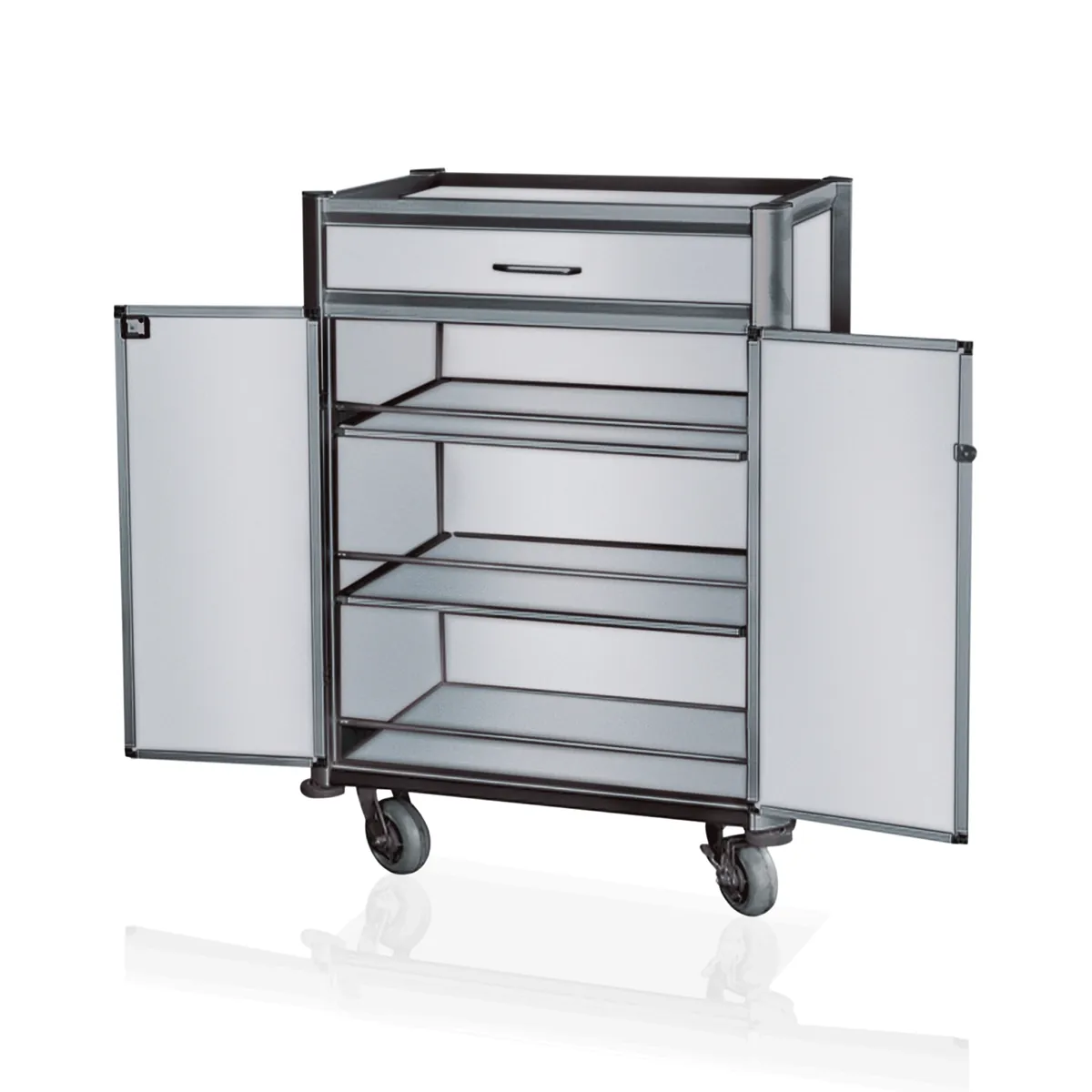 Minibar Servicetrolley, 85 x 60 x 135 cm, weiß, dunkle Kanten, Aluminium, MDF