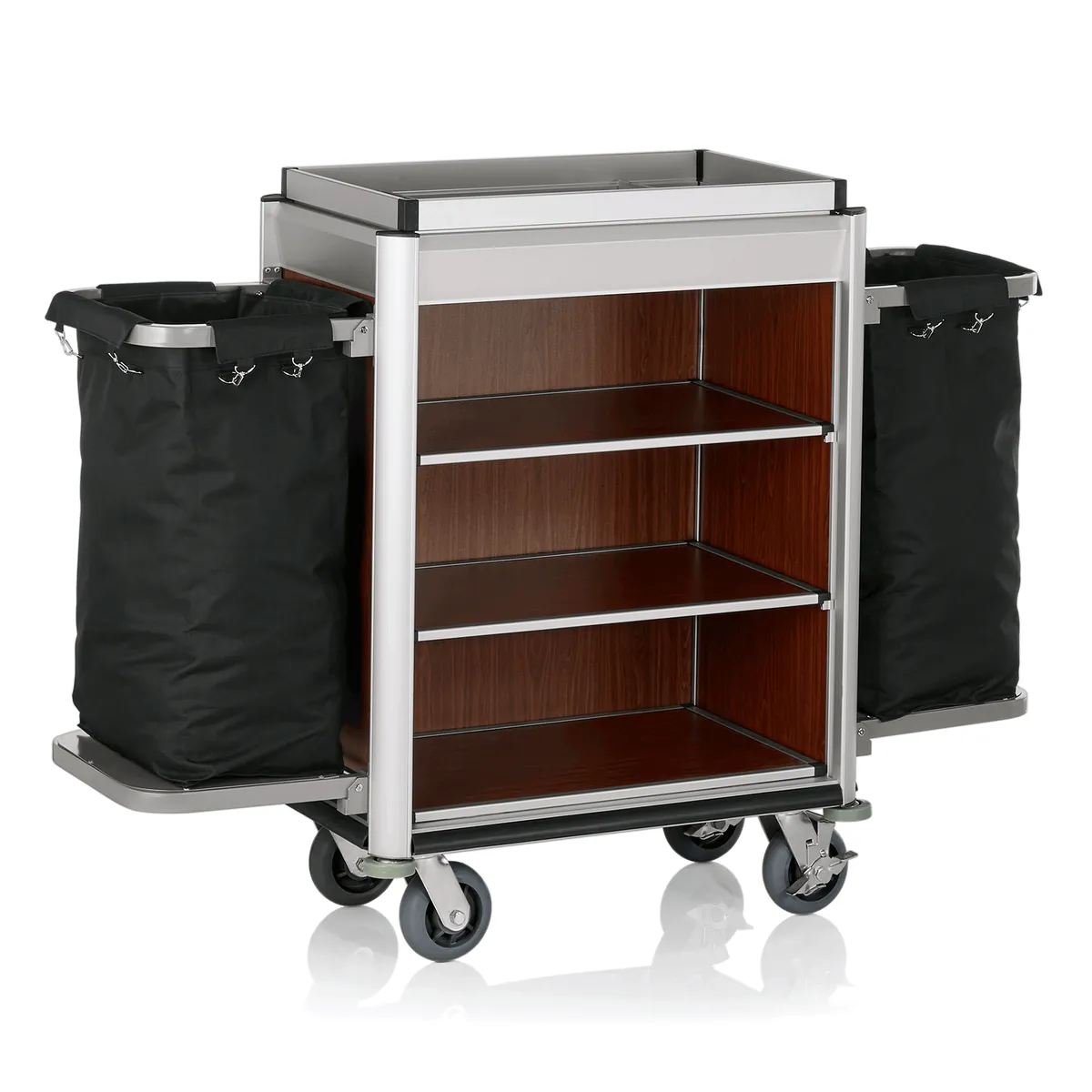 Zimmerservicewagen Isabella, 155 x 55 x 116 cm, helle Kanten, dunkle Holzoptik, Aluminium, MDF, Polyesterfaserstoff