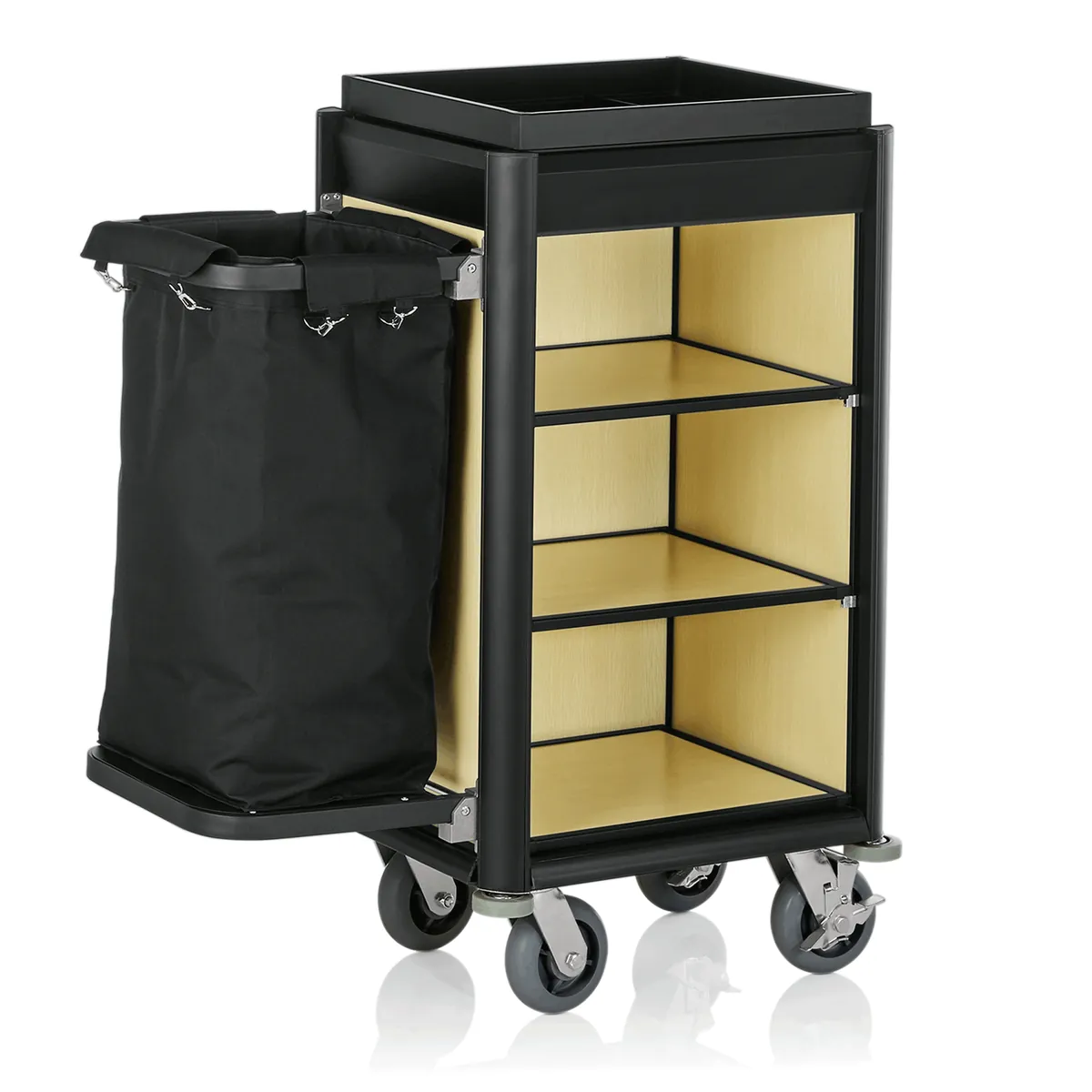 Zimmerservicewagen Isabella, 95 x 55x x116 cm, schwarze Kanten, helle Holzoptik, Aluminium, MDF, Polyesterfaserstoff