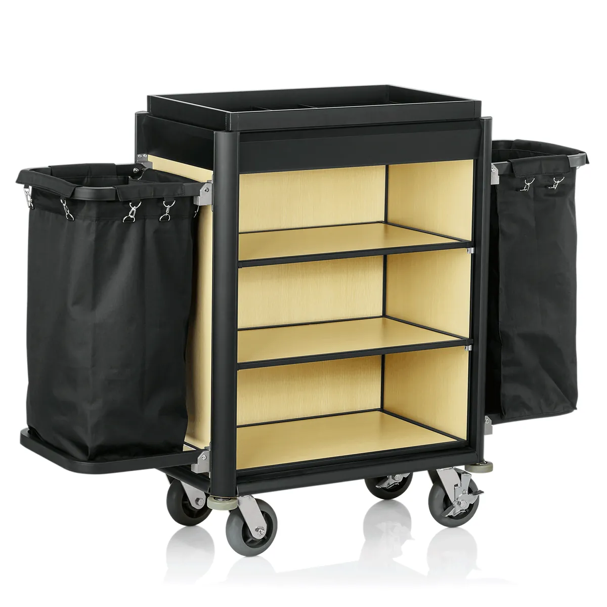 Zimmerservicewagen Isabella, 155 x 55 x 116 cm, schwarze Kanten, helle Holzoptik, Aluminium, MDF, Polyesterfaserstoff