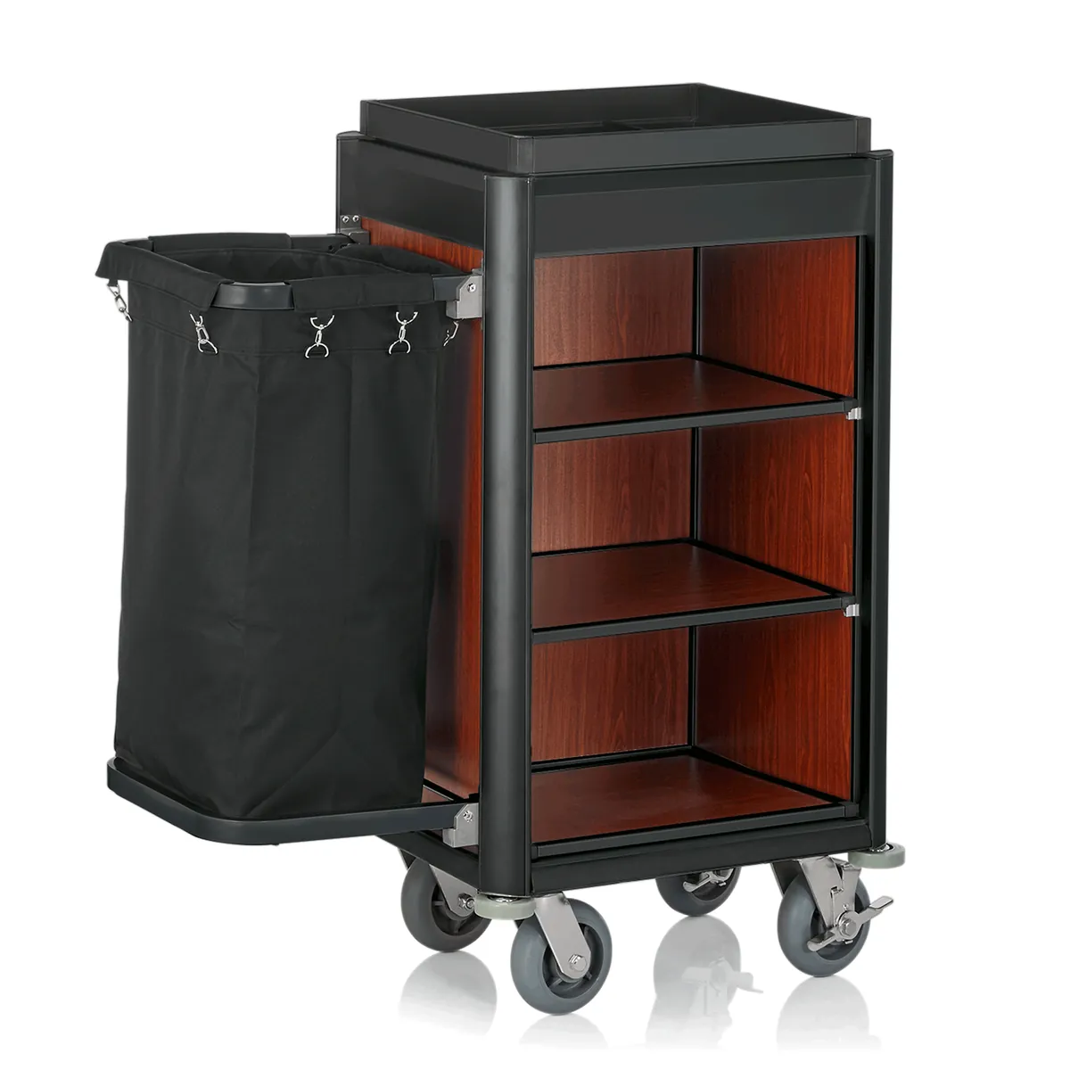 Zimmerservicewagen Isabella, 95 x 55 x 116 cm, schwarze Kanten, dunkle Holzoptik, Aluminium, MDF, Polyesterfaserstoff