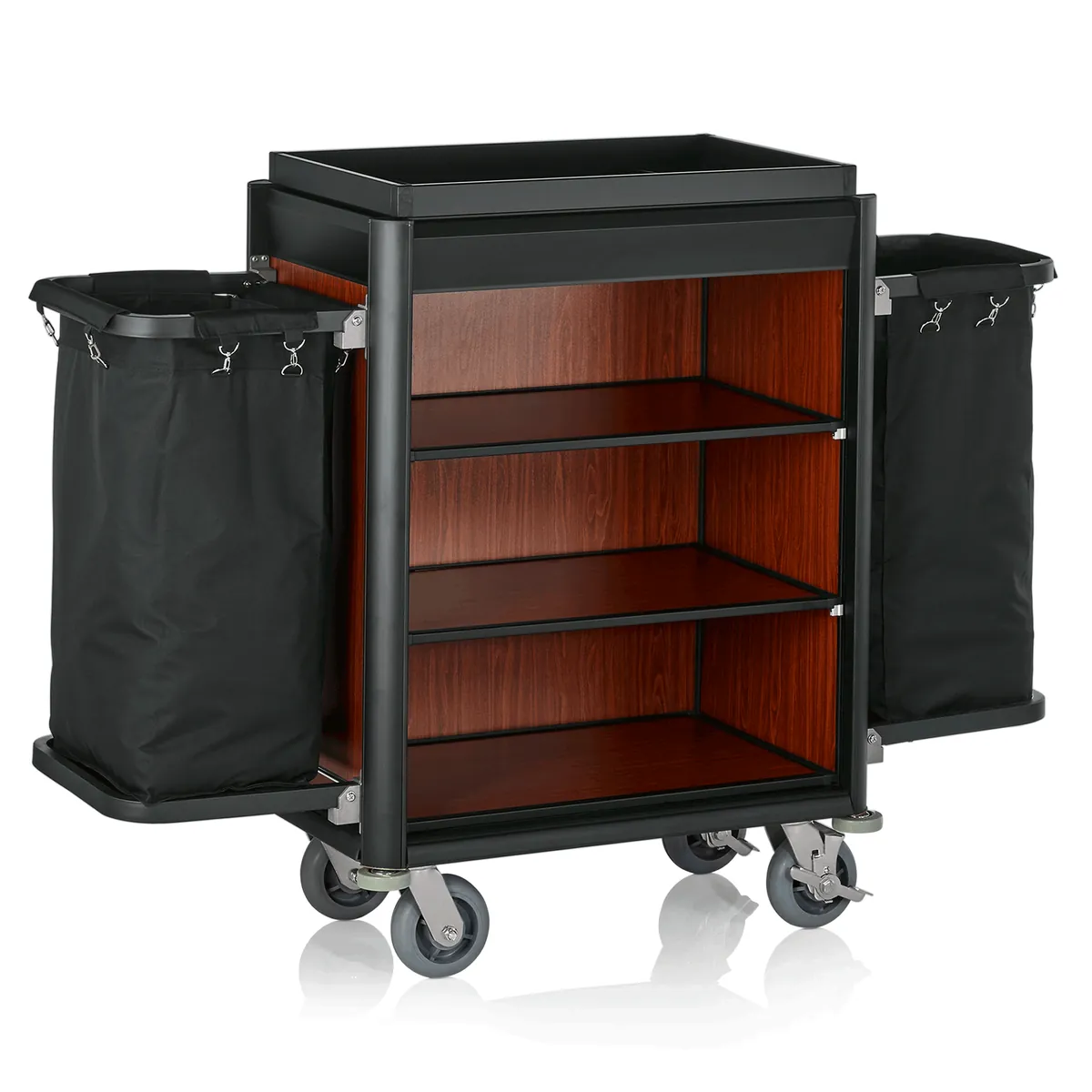 Zimmerservicewagen Isabella, 155 x 55 x 116 cm, schwarze Kanten, dunkle Holzoptik, Aluminium, MDF, Polyesterfaserstoff