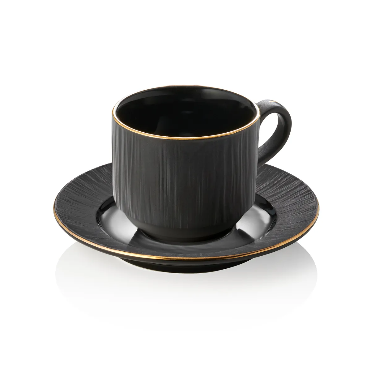 Obertasse mit Untertasse 6er-Set MAYA KURO, 240 ml, schwarz, Porzellan