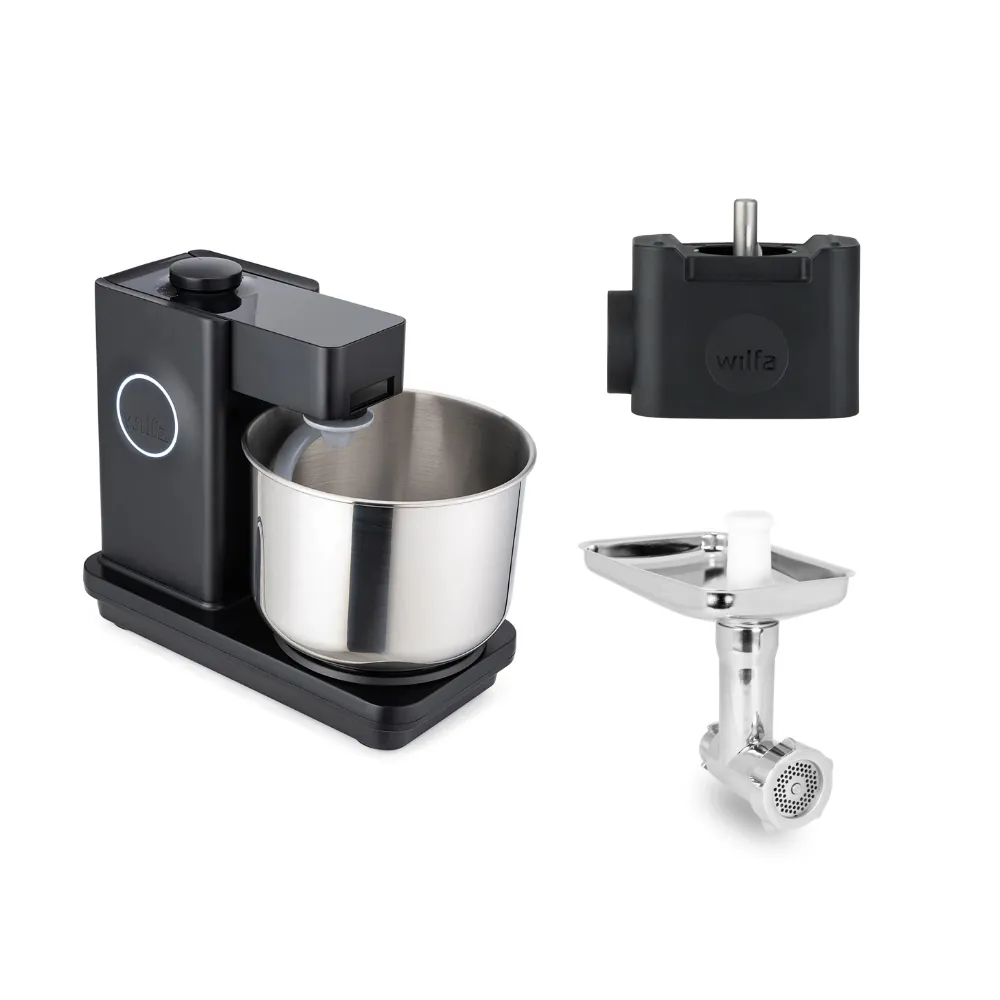 Wilfa Küchenmaschine Probaker KM1B-70 schwarz + Tool Adapter + Messerschmidt Edelstahlfleischwolf