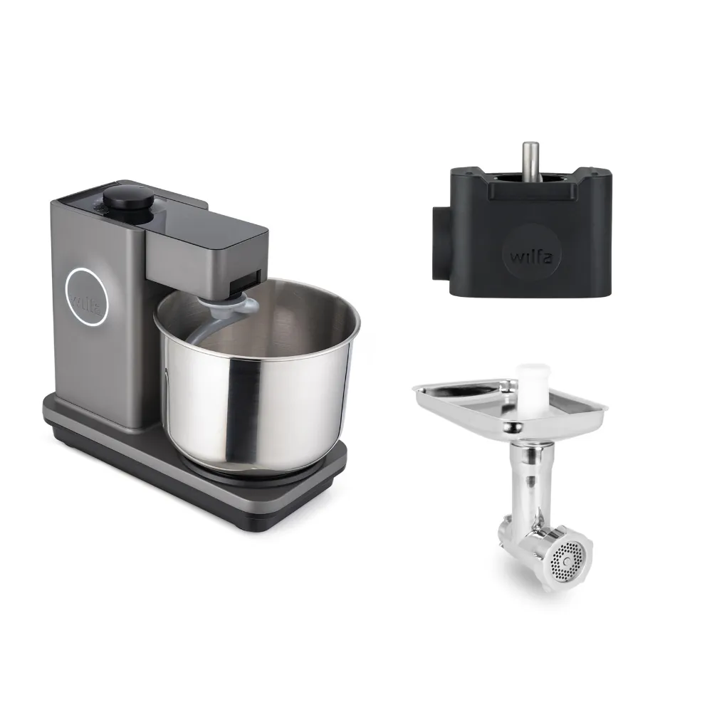 Wilfa Küchenmaschine Probaker KM1GY-70 grau + Tool Adapter + Messerschmidt Edelstahlfleischwolf