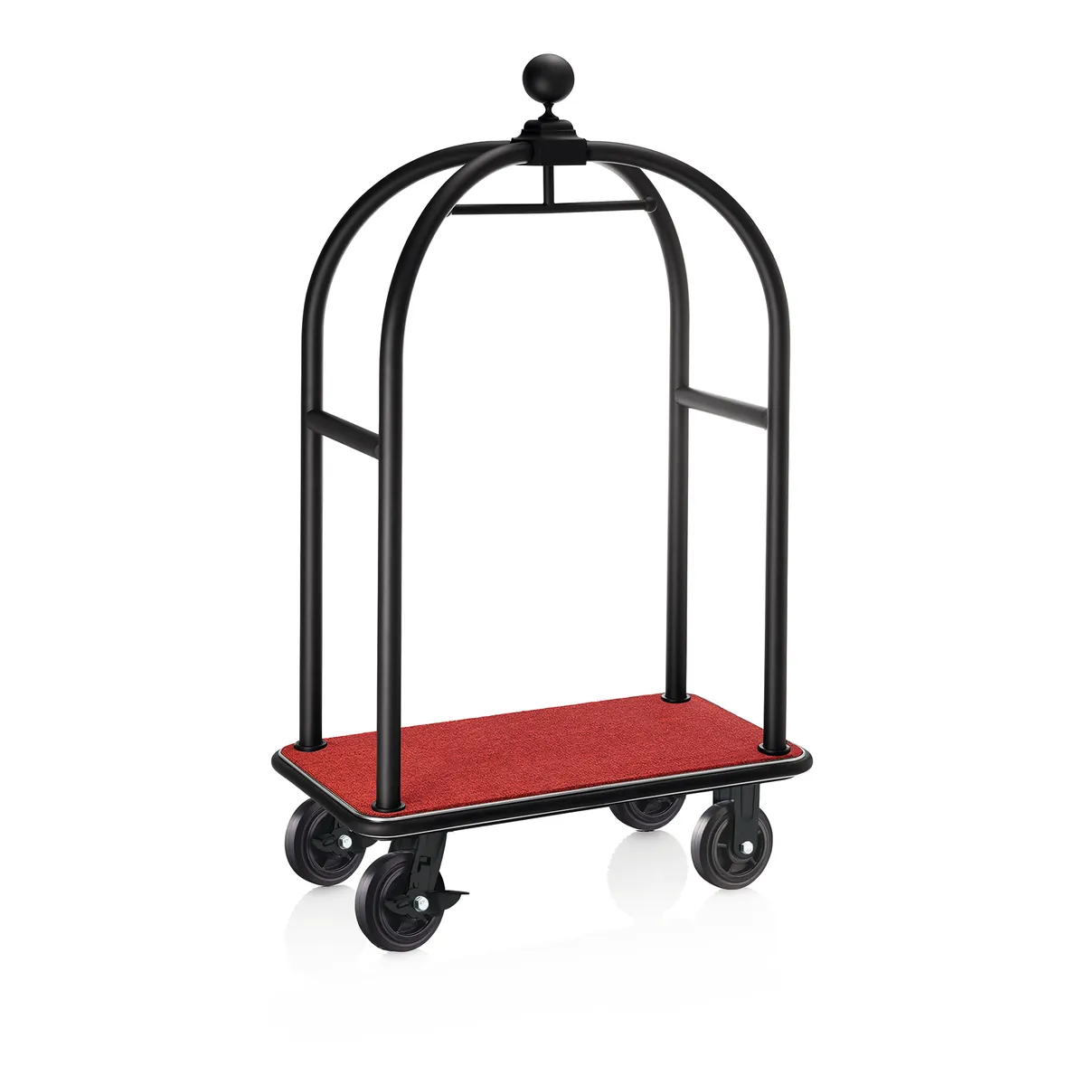 Gepäckwagen Drift, 112 x 60 x 190 cm, schwarz, roter Teppich, chromnickelstahl 18/8