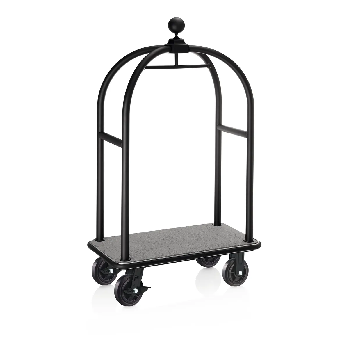 Gepäckwagen Drift, 112 x 60 x 190 cm, schwarz, grauer Teppich, Chromnickelstahl 18/8