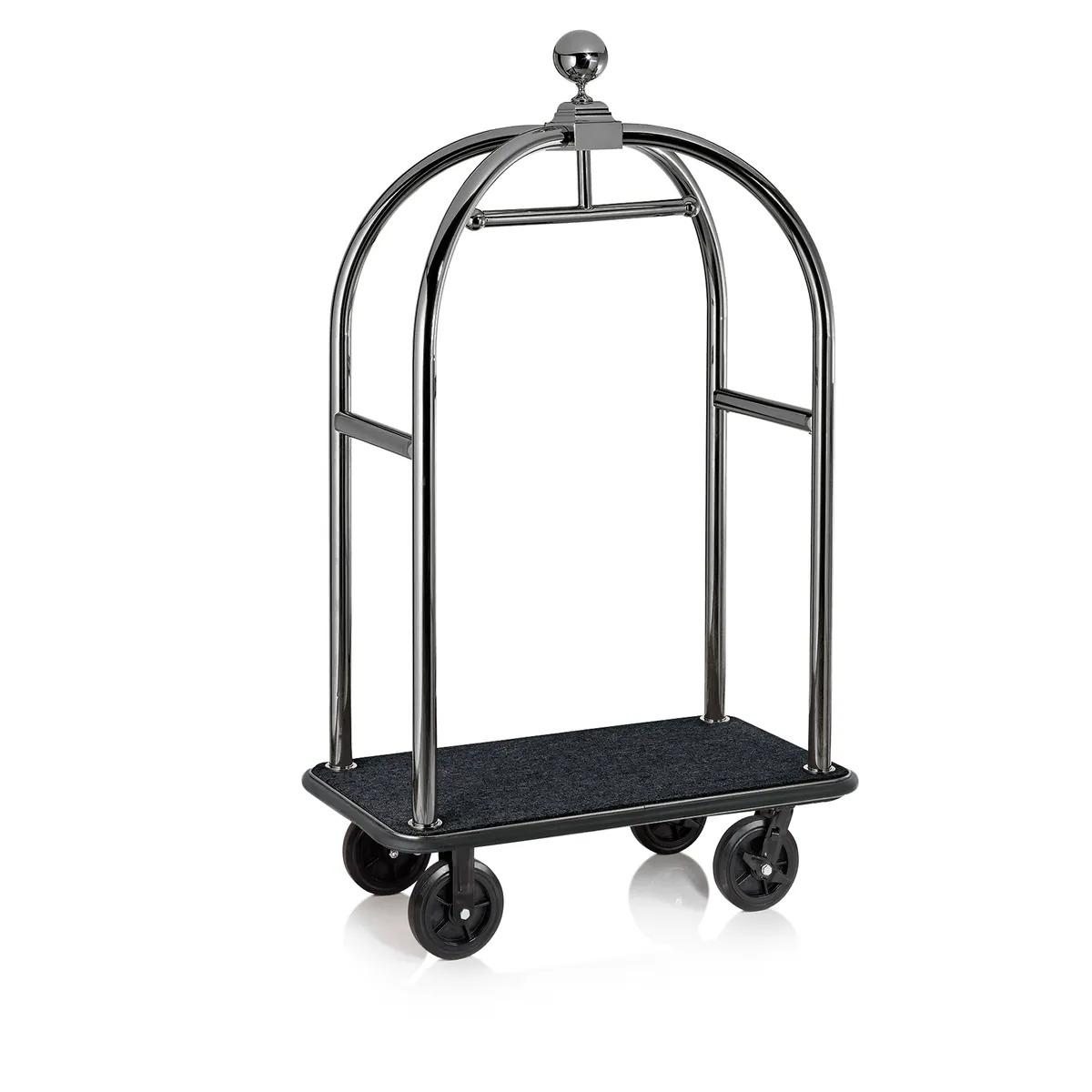 Gepäckwagen Drift, 112 x 60 x 190 cm, gun metal, schwarzer Teppich, Chromnickelstahl 18/10