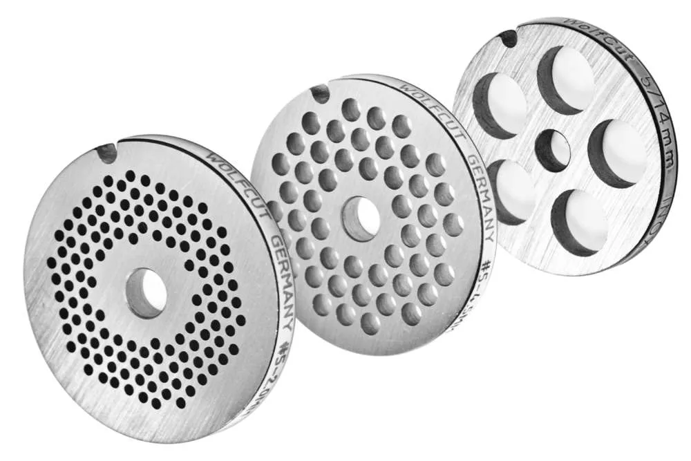 WOLFCUT - Fleischwolfscheibensatz 2 mm+ 4,5 mm + 14 mm Bohrung kompatibel mit allen gängigen Fleischwolf Marken Größe 5