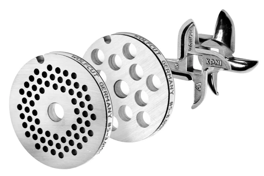 WOLFCUT - Fleischwolfscheibensatz 3 mm + 8 mm Bohrung und ein Sichelmesser kompatibel mit allen gängigen Fleischwolf Marken Größe 5