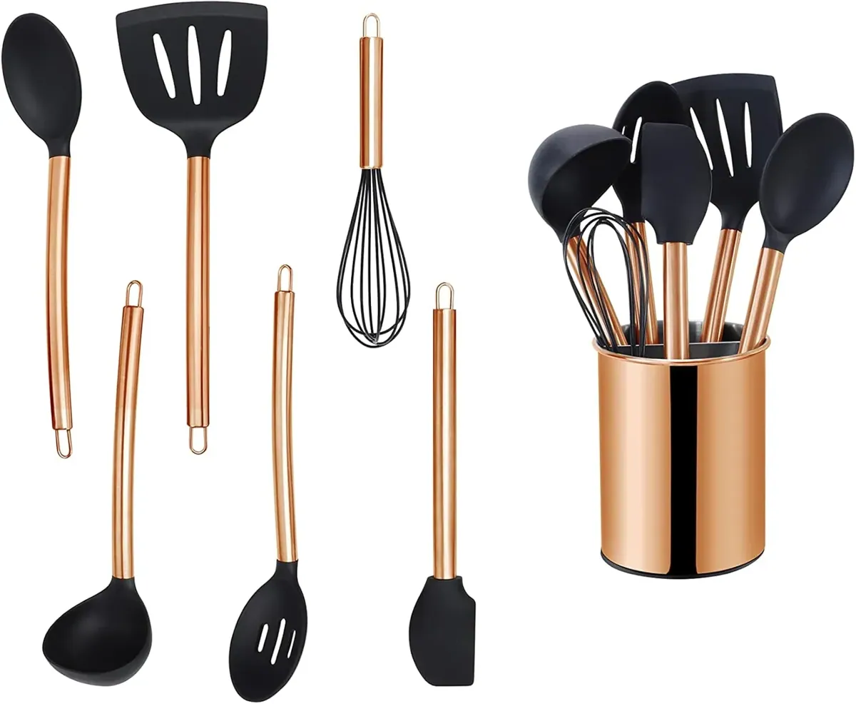 Küchenhelfer Set 7tlg, Edelstahlgriff, Kochbesteck mit Utensilienhalter, Antihaft Silikon