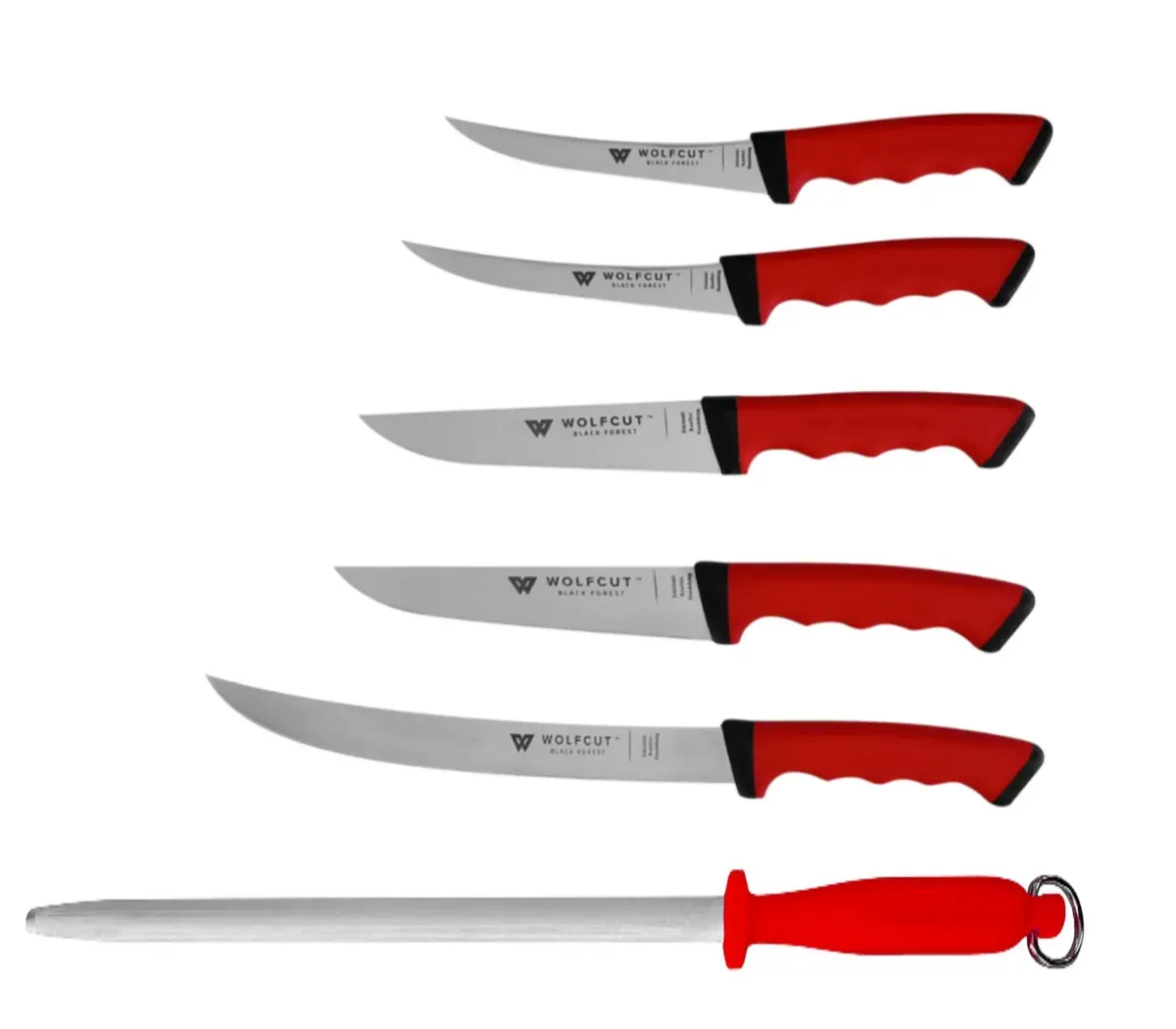 WOLFCUT SoftGrip RED-Serie - Metzgermesser-Set 6-tlg. - Ausbeinmesser, Stechmesser, Fleischermesser, Zerlegemesser, Wetzstahl