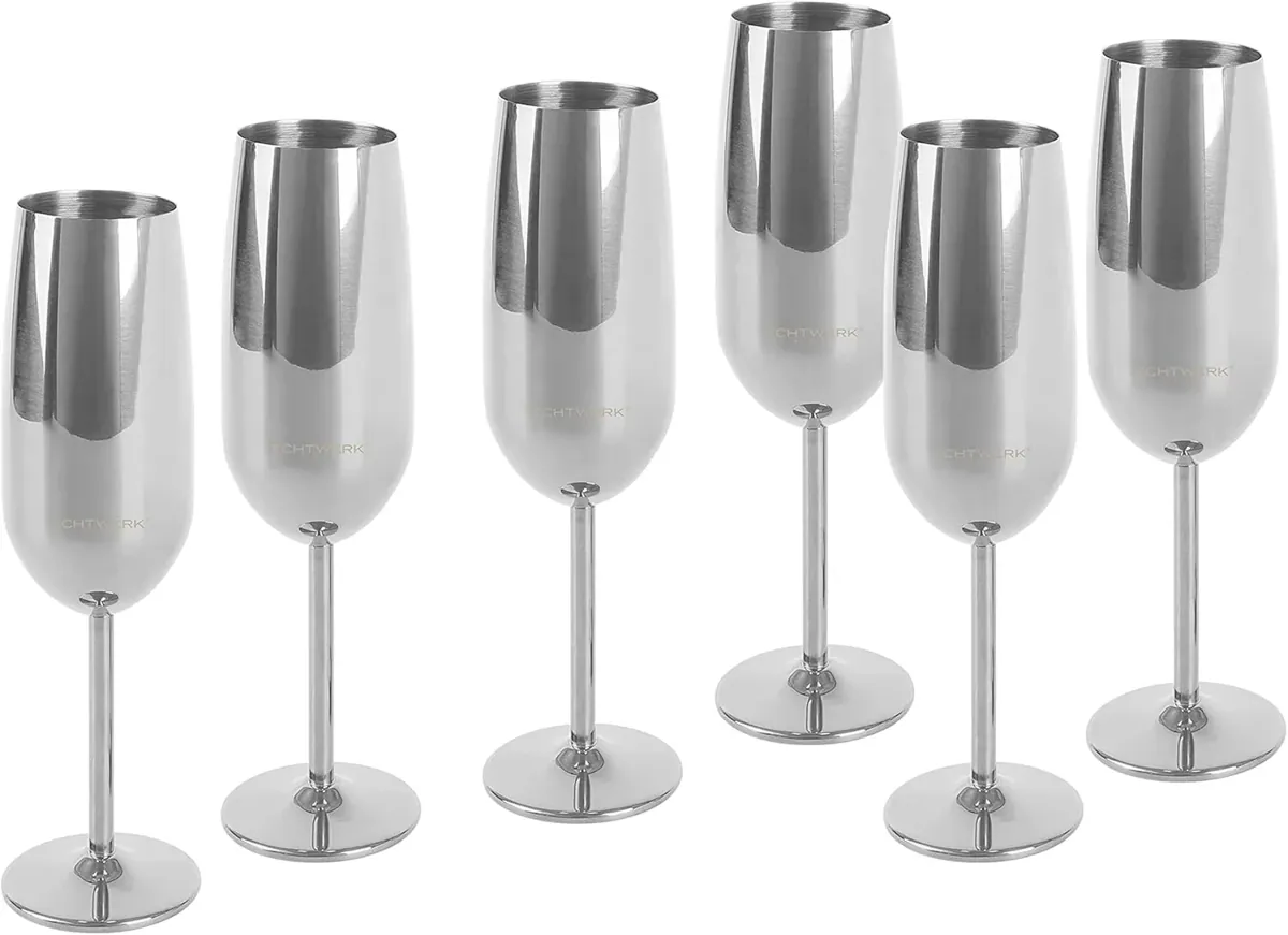 Sektkelche aus Edelstahl, 6-tlg, 250 ml, Unzerbrechliche Gläser, Geschenkset, 250 ml