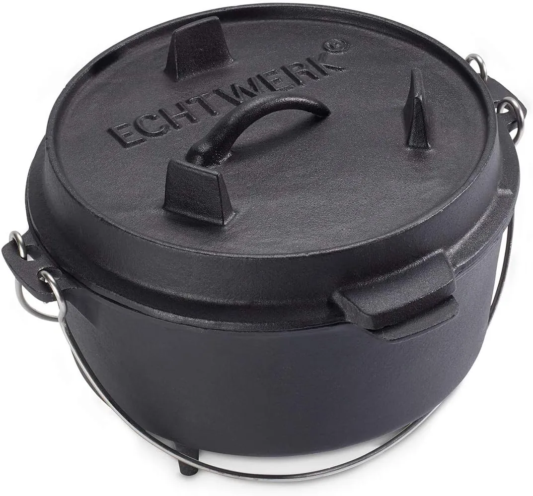Dutch Oven, Gusseisen BBQ Kochtopf, Bereits eingebrannt - preseasoned, Deckel mit Edelstahl Henkel als Pfanne nutzbar