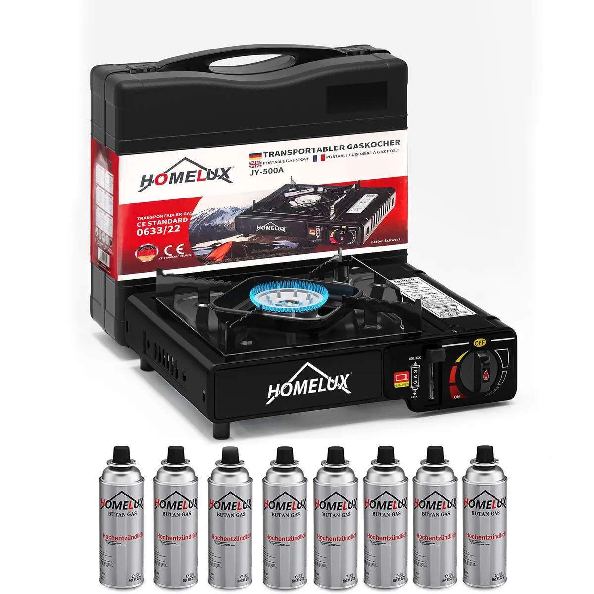 Camping-Gaskocher-Set 2,2 KW, mit Gaskartusche, inkl. Aufbewahrungsbox. Ideal für Outdoor-Kochen