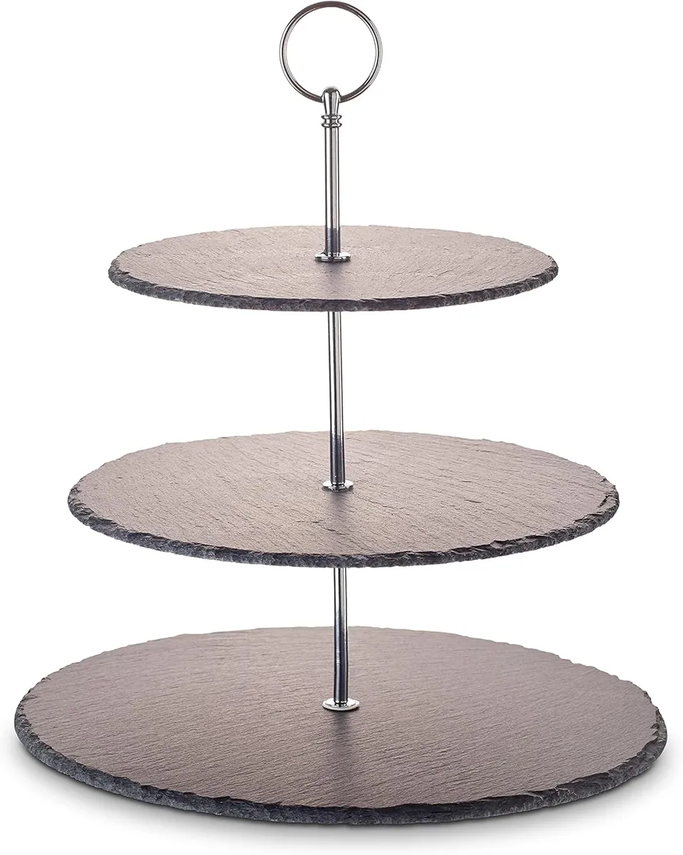 Etagere-/ Servier-Ablage für Gebäck, Obst, Käse, aus Naturschiefer mit 3 Ebenen und Metallgriff, Ø Schieferplatten ca. 20/ 25/ 30 cm