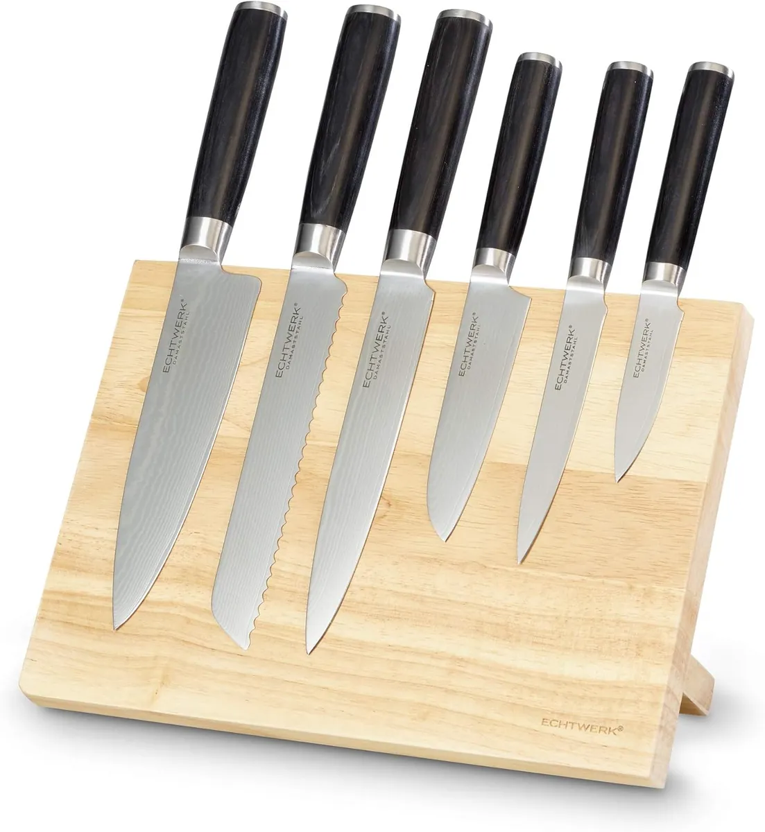 Damastmesser Set, 7tlg, Küchenmesser Set, Messergriffe aus Pakka-Holz, Inkl. Magnet-Messerblock aus Holz