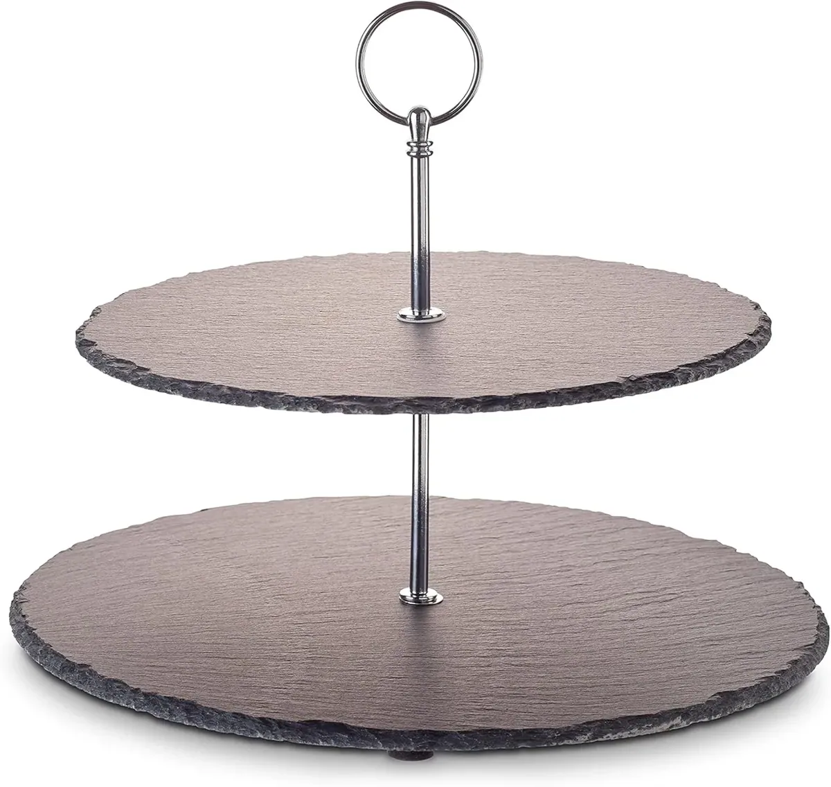 Etagere-/ Servier-Ablage für Gebäck, Obst, Käse, aus Naturschiefer mit 2 Ebenen und Metallgriff, Ø Schieferplatten ca. 25/30 cm