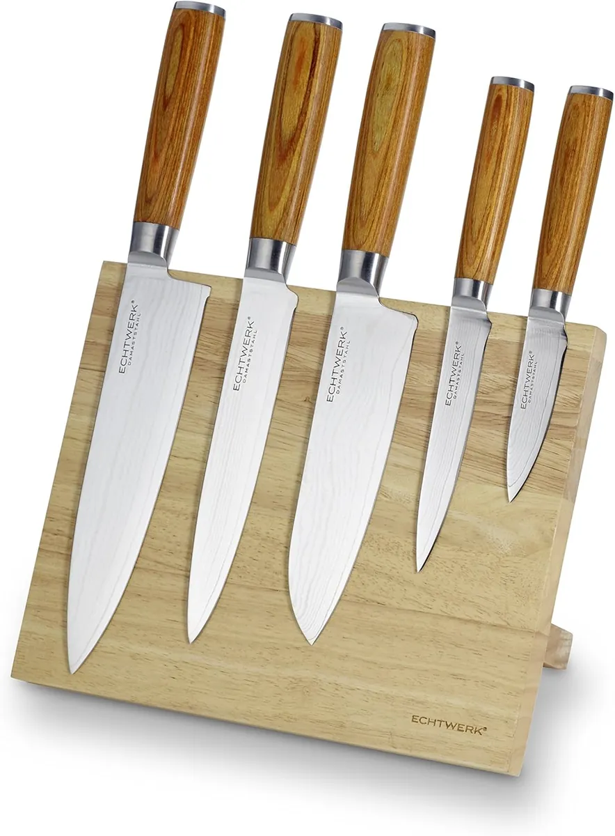 Damastmesser Set, 6tlg, Küchenmesser Set, Glattschliff, Messergriffe aus Pakka-Holz, Inkl. Magnet-Messerblock aus Holz