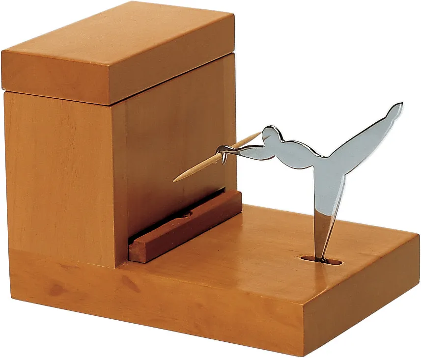 Zahnstocherbehälter aus Edelstahl und Birnbaumholz.