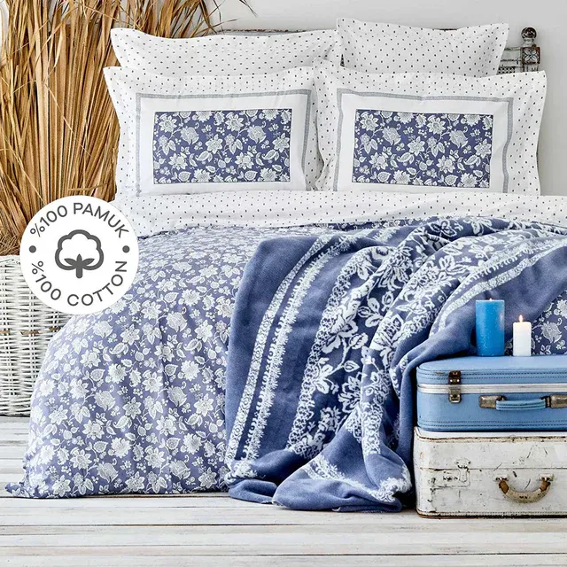 Karaca Celerina Bettwäsche-Set aus 100 % türkischer Baumwolle, Doppelbett, Blau