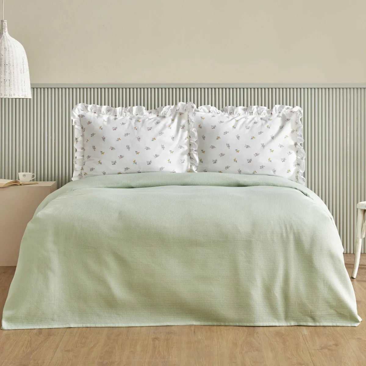 Karaca Home Lidya, 100% Baumwolle Doppelbett Tagesdecke Set, Grün