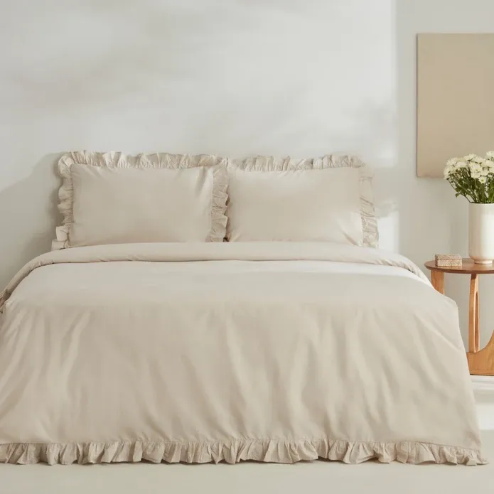 Karaca Home Pure Ruffle 100% Baumwolle King Size Bettbezug Set Ecru