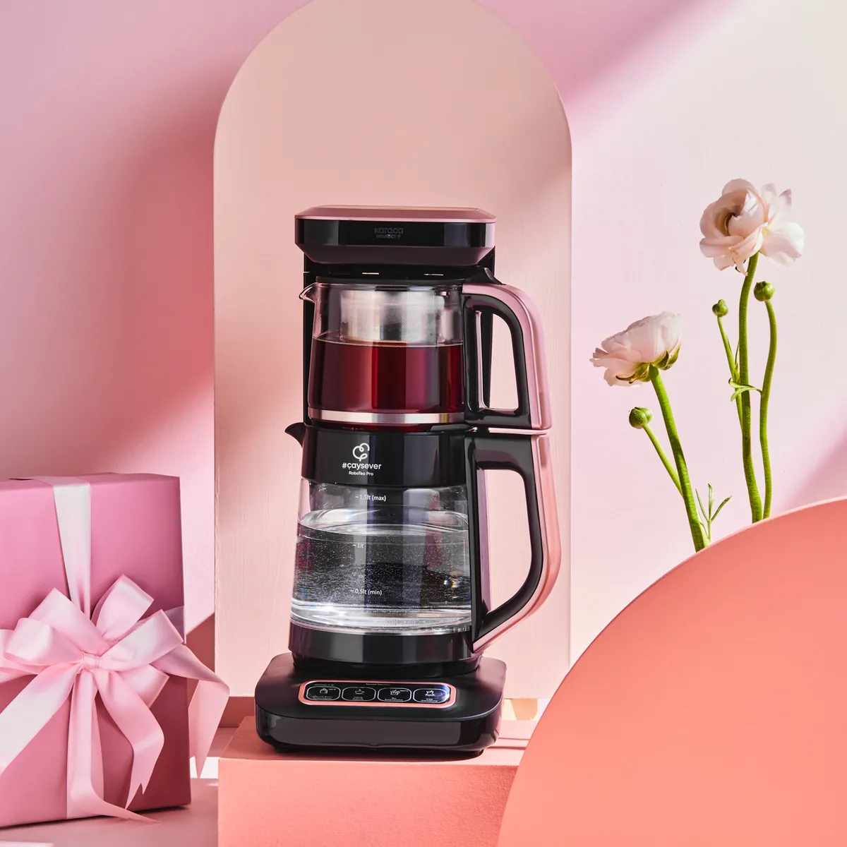 Karaca Robotea Pro Connect 4 in 1 – Intelligente, sprechende Teemaschine mit Glaskörper in Roségold