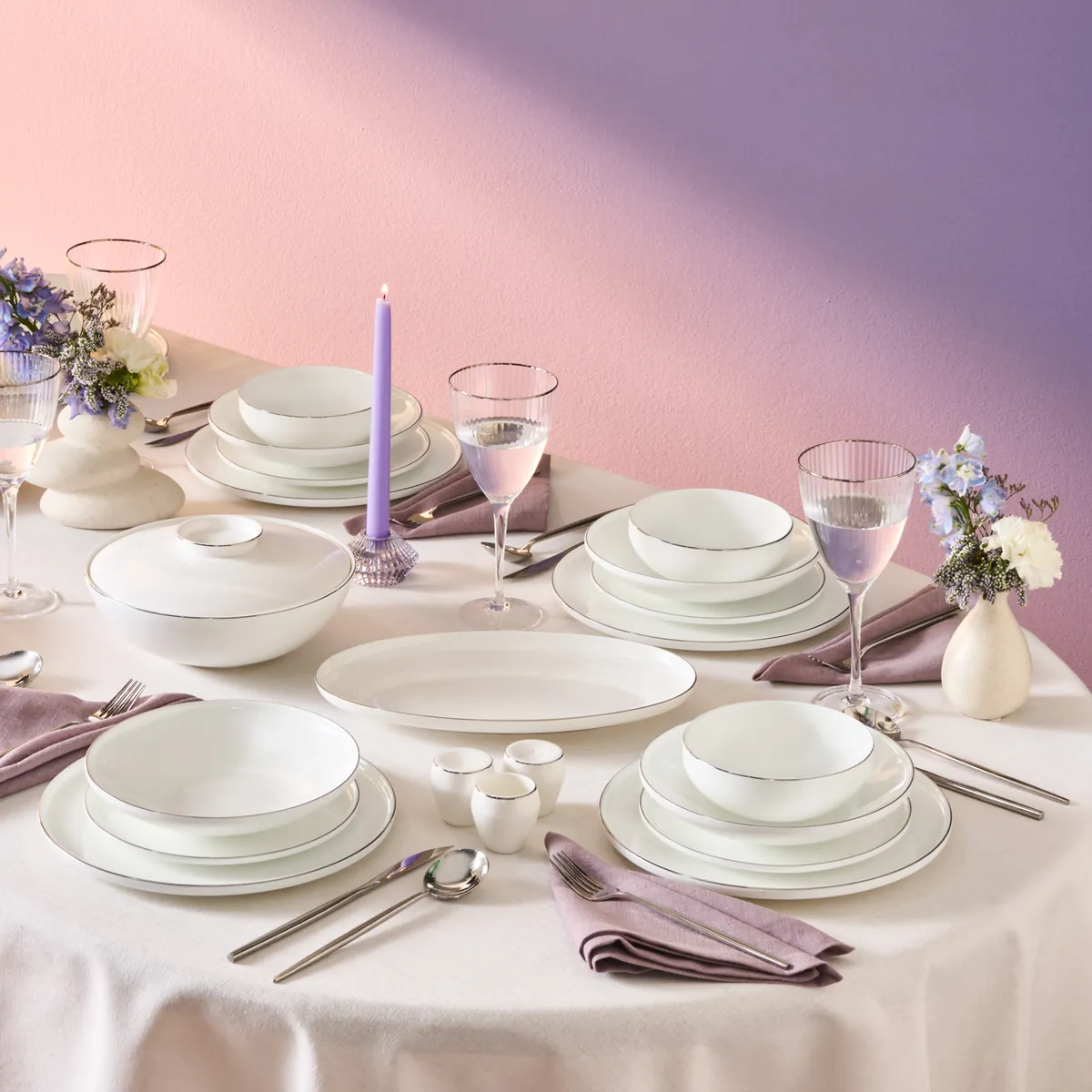 Karaca Fine Bone Meridian 55-teiliges Tafelservice für 12 Personen Platin