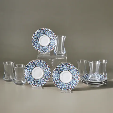 Karaca Emirgan 12-teiliges Türkisches Teeset aus Bone China für 6 Personen, 130 ml, Mehrfarbig