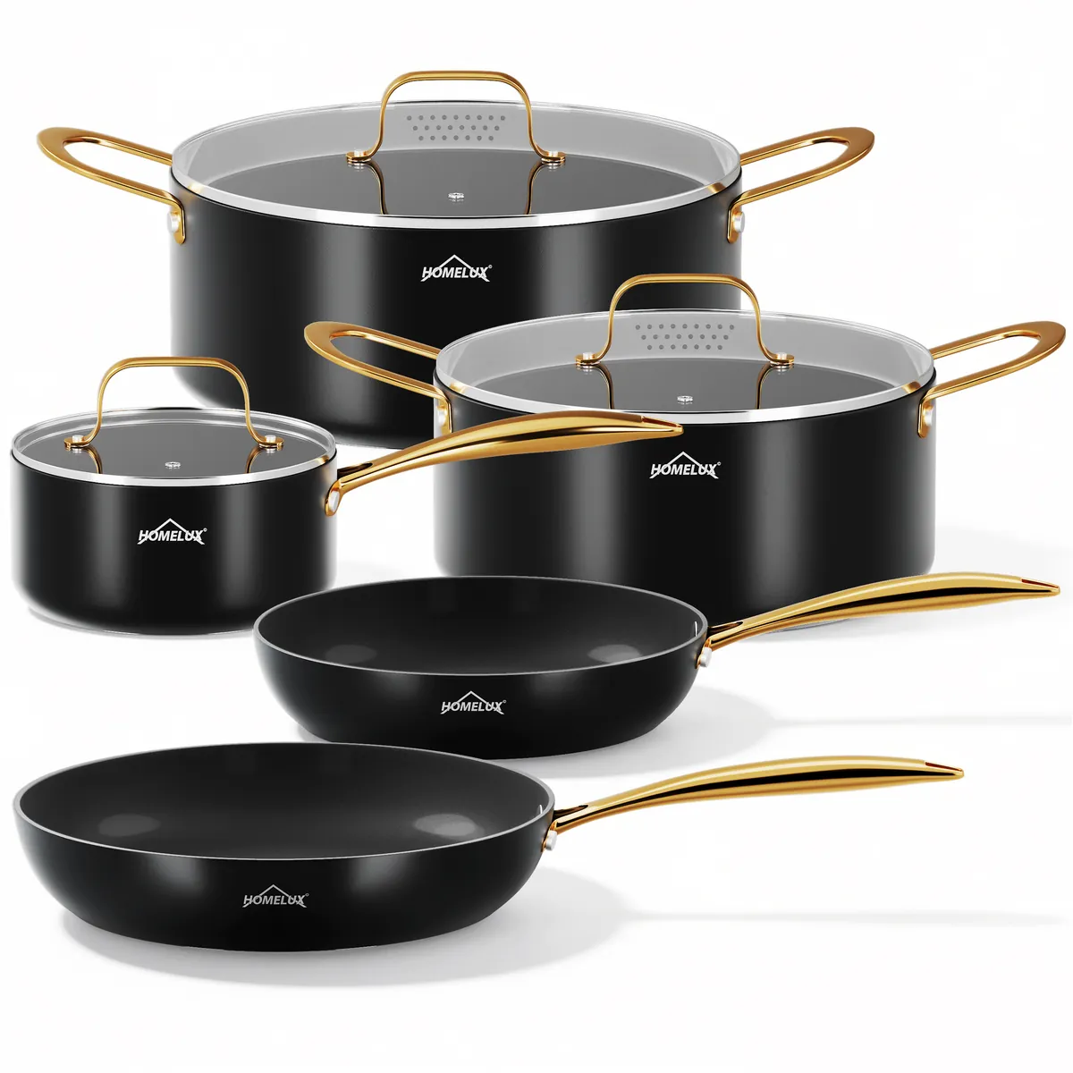 HOMELUX 8-teiliges Induktions-Topfset mit Glasdeckel Kochtöpfe und Pfannen für alle Herdarten in Schwarz