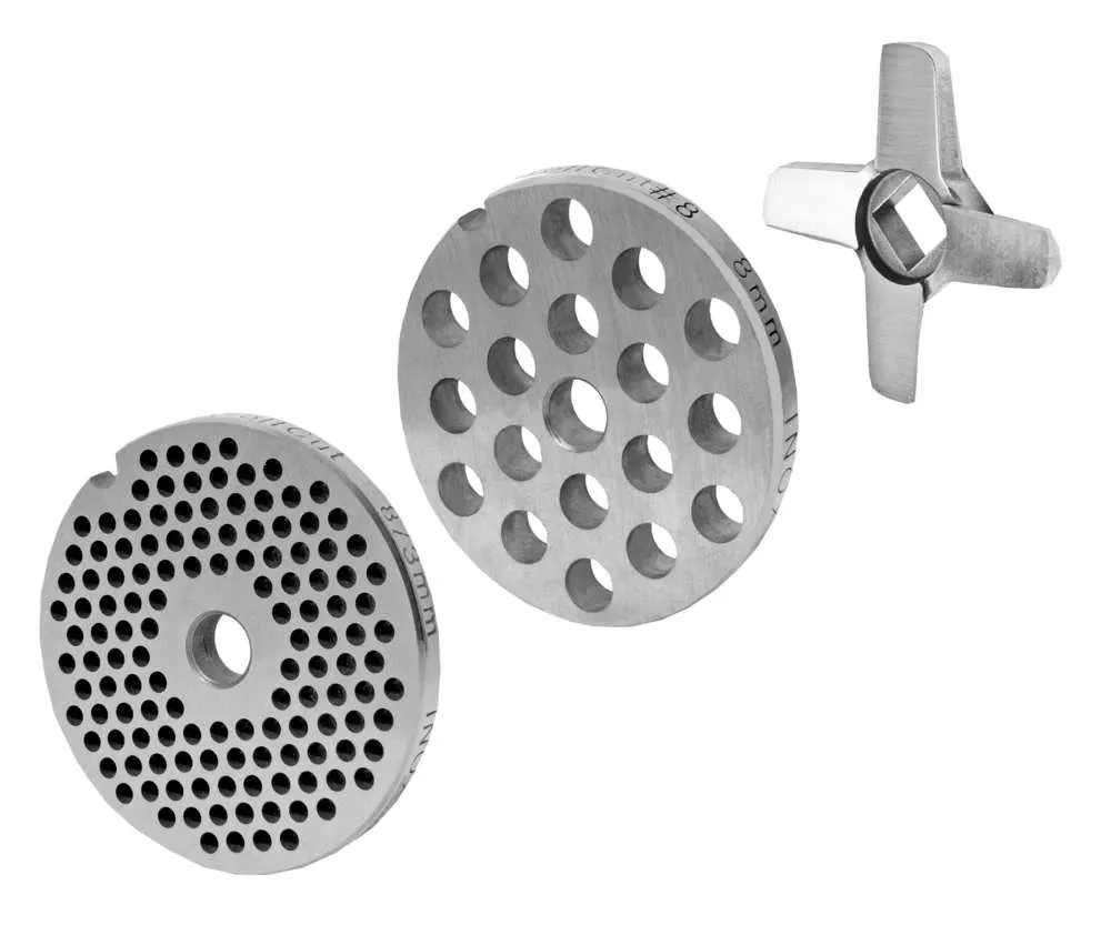 WOLFCUT - Fleischwolfscheibensatz 3 mm + 8 mm Bohrung und ein Kreuzmesser kompatibel mit allen gängigen Fleischwolf Marken Größen 8